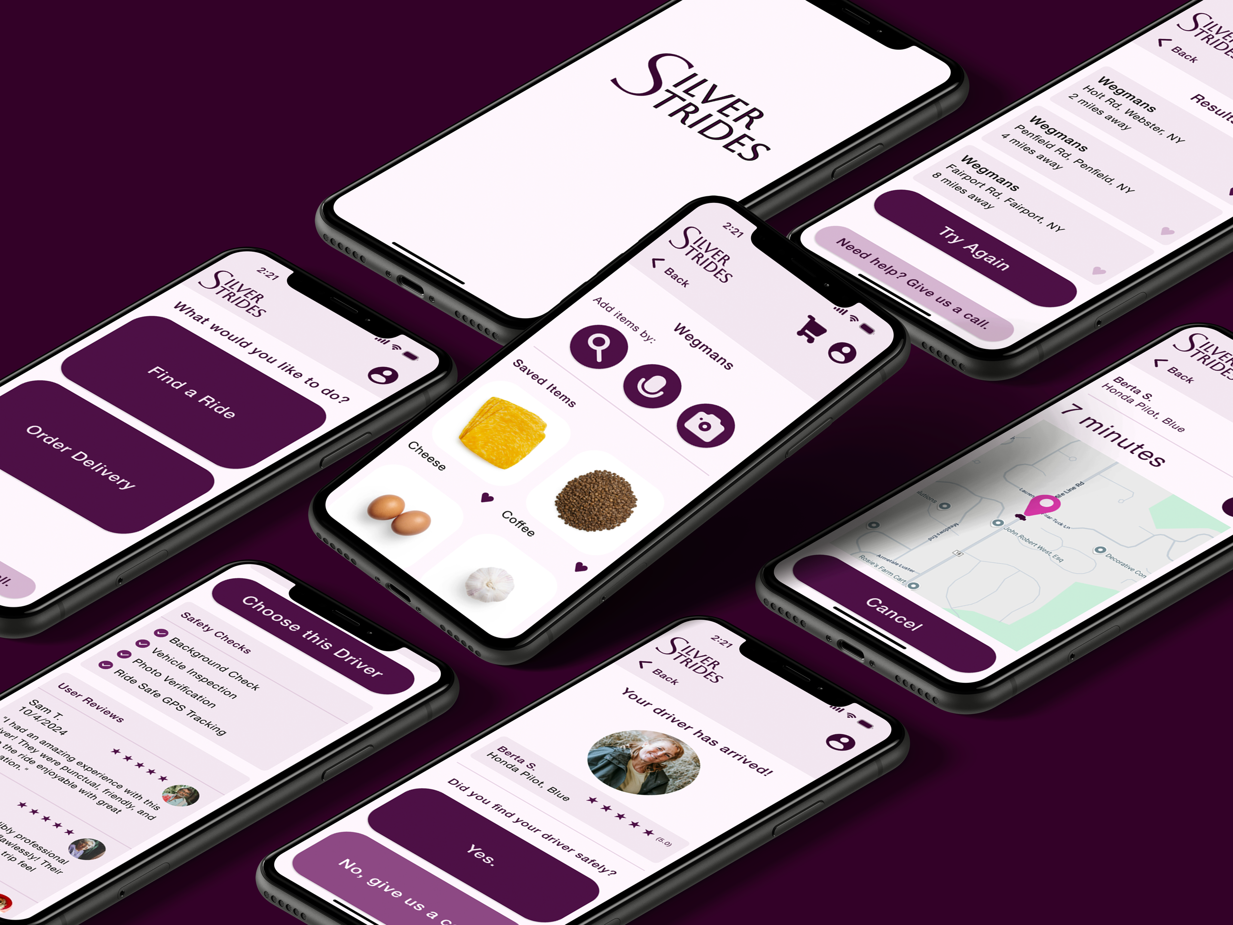Multiple iPhones showing different screens within the application.