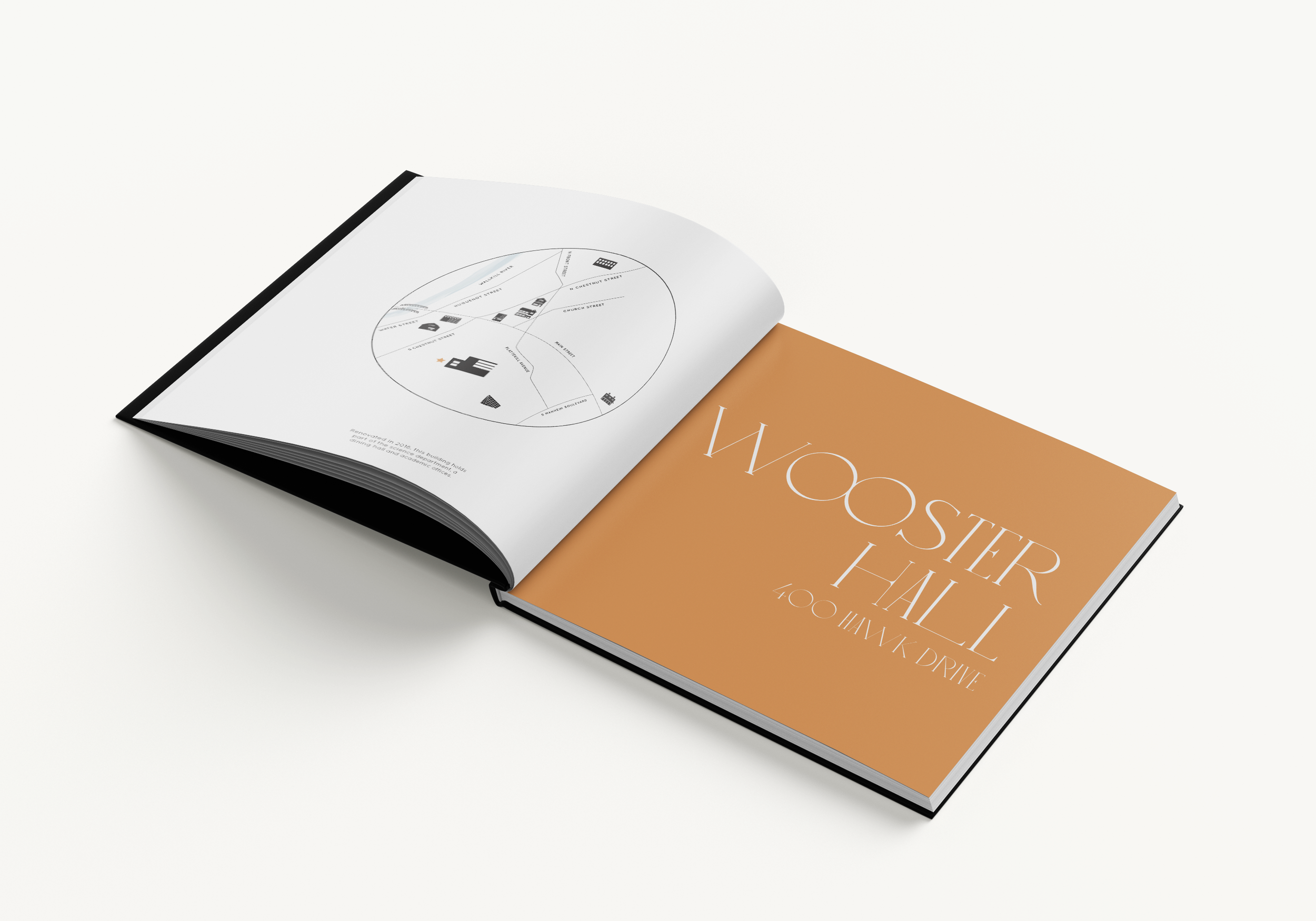 Page spread with the title "Wooster Hall" on the right page, and a map showing the location on the left page.