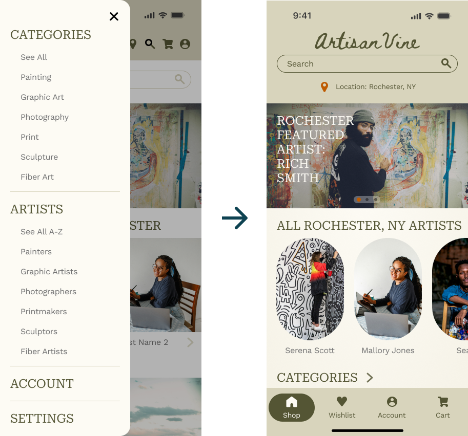 Hi-fi frames showing the change from a left-drawer menu to a bottom navigation panel.