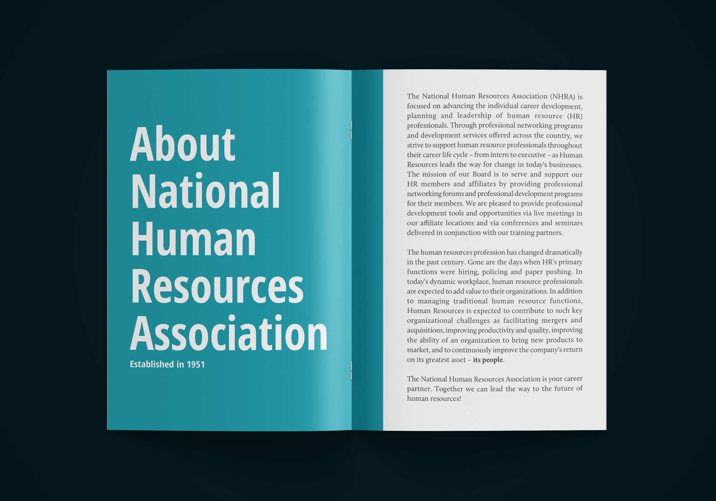 A booklet spread with the title, "About National Human Resources Association" on the left page, and 3 paragraphs of information on the right page.