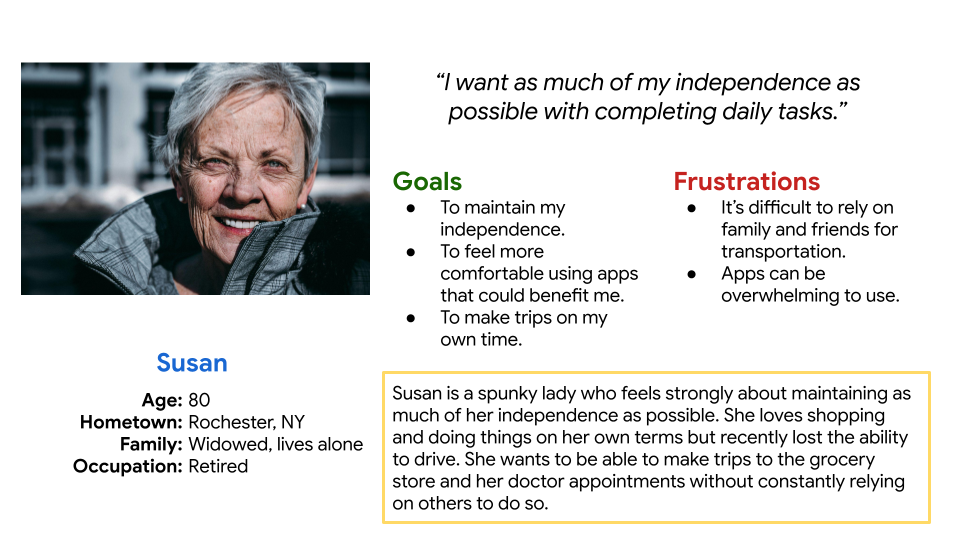 Persona information for Susan, listing her goals and frustrations.