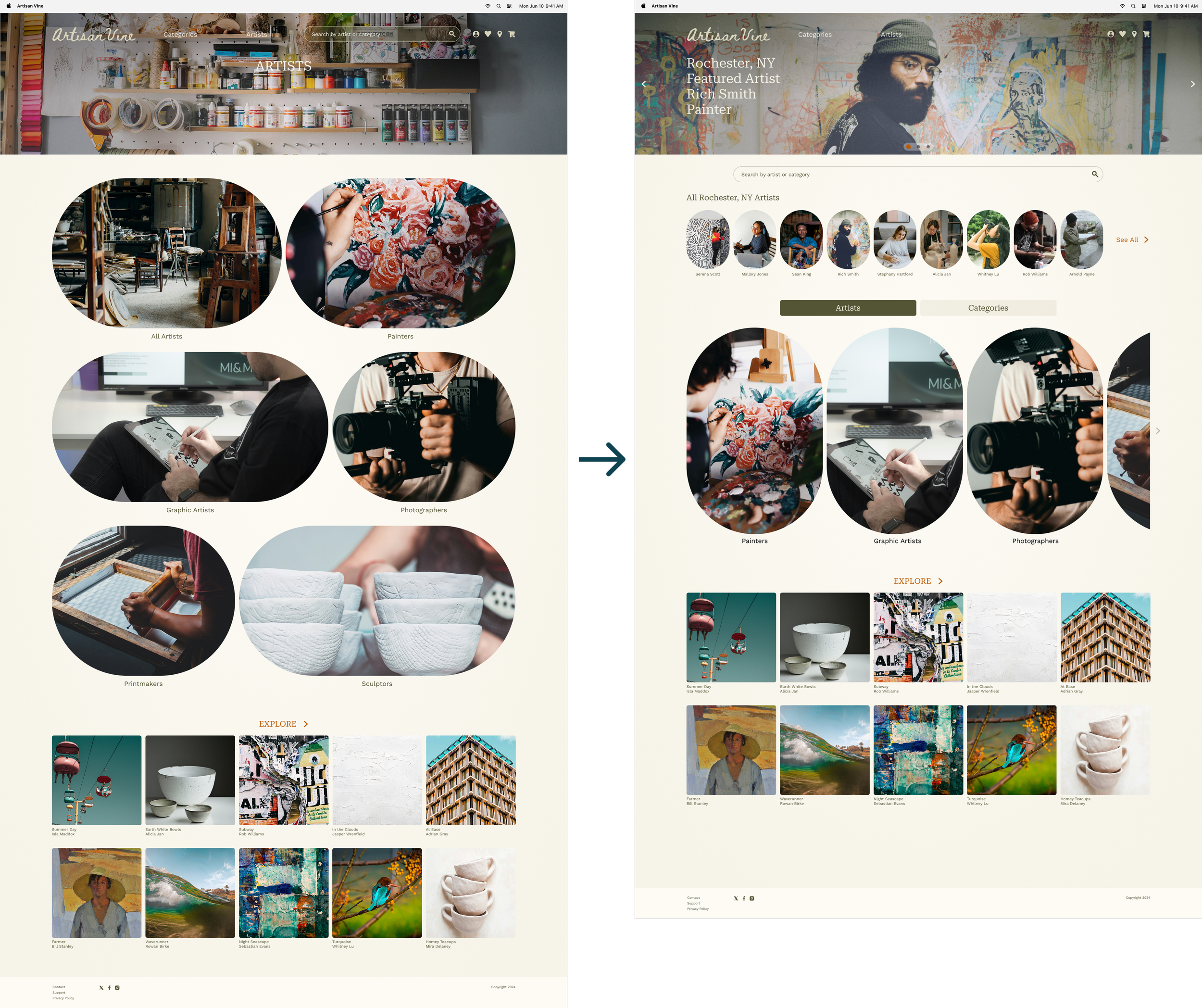 Hi-fi frames showing the explore section moving from the art categories page to the home page.