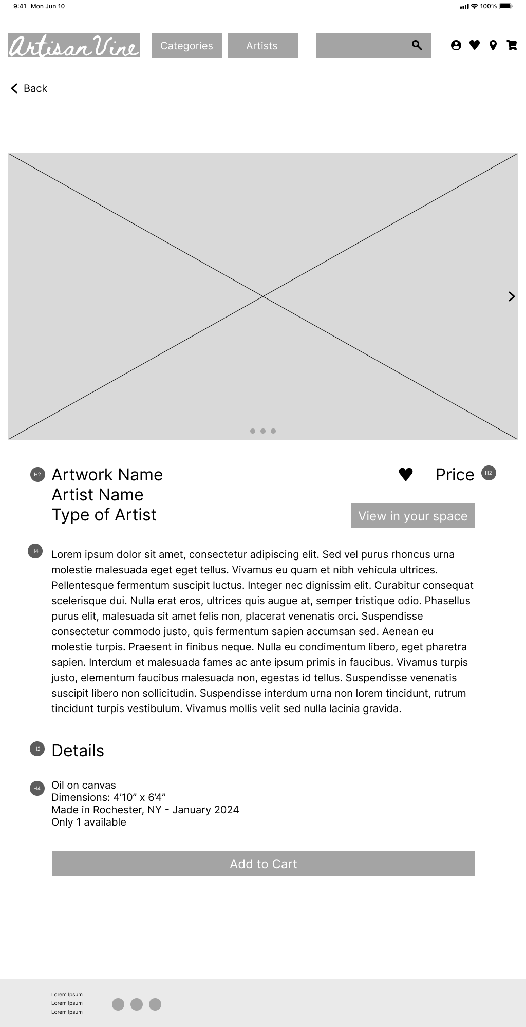 Digital wireframe of the artwork details screen for tablet size.