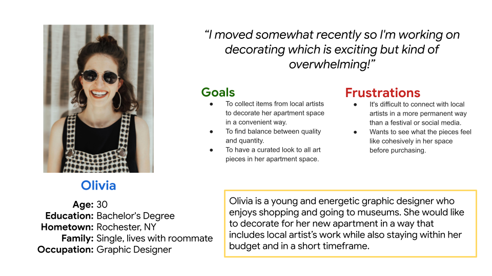 Persona information for Olivia, listing her goals and frustrations.