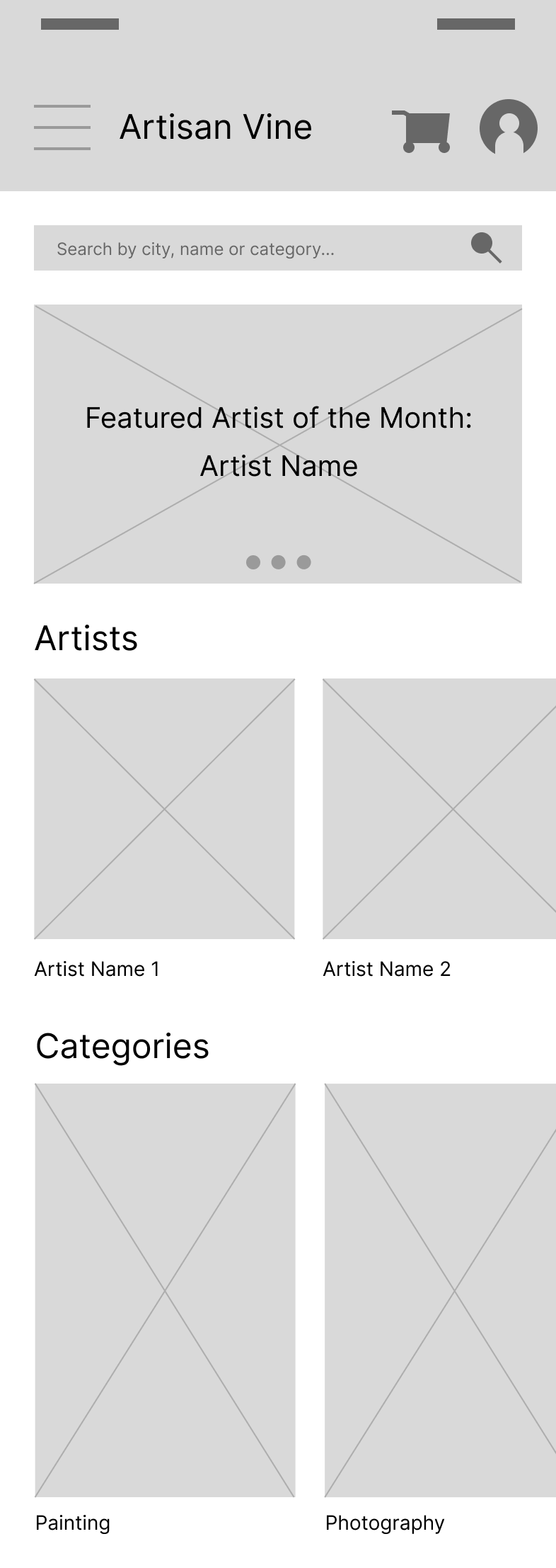 Digital wireframe of the home screen for mobile size.