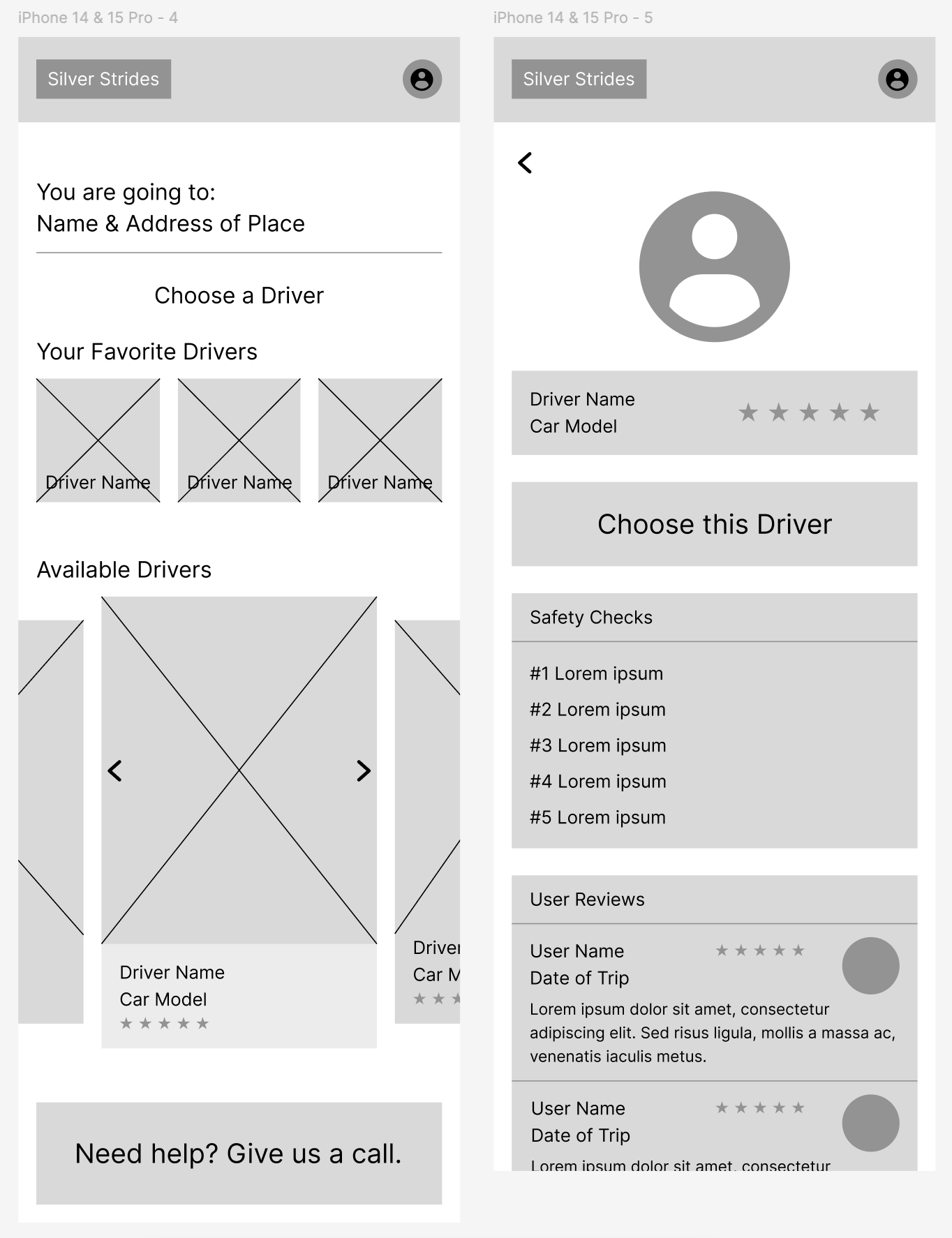 2 digital wireframe screens for choosing a driver and a driver profile.