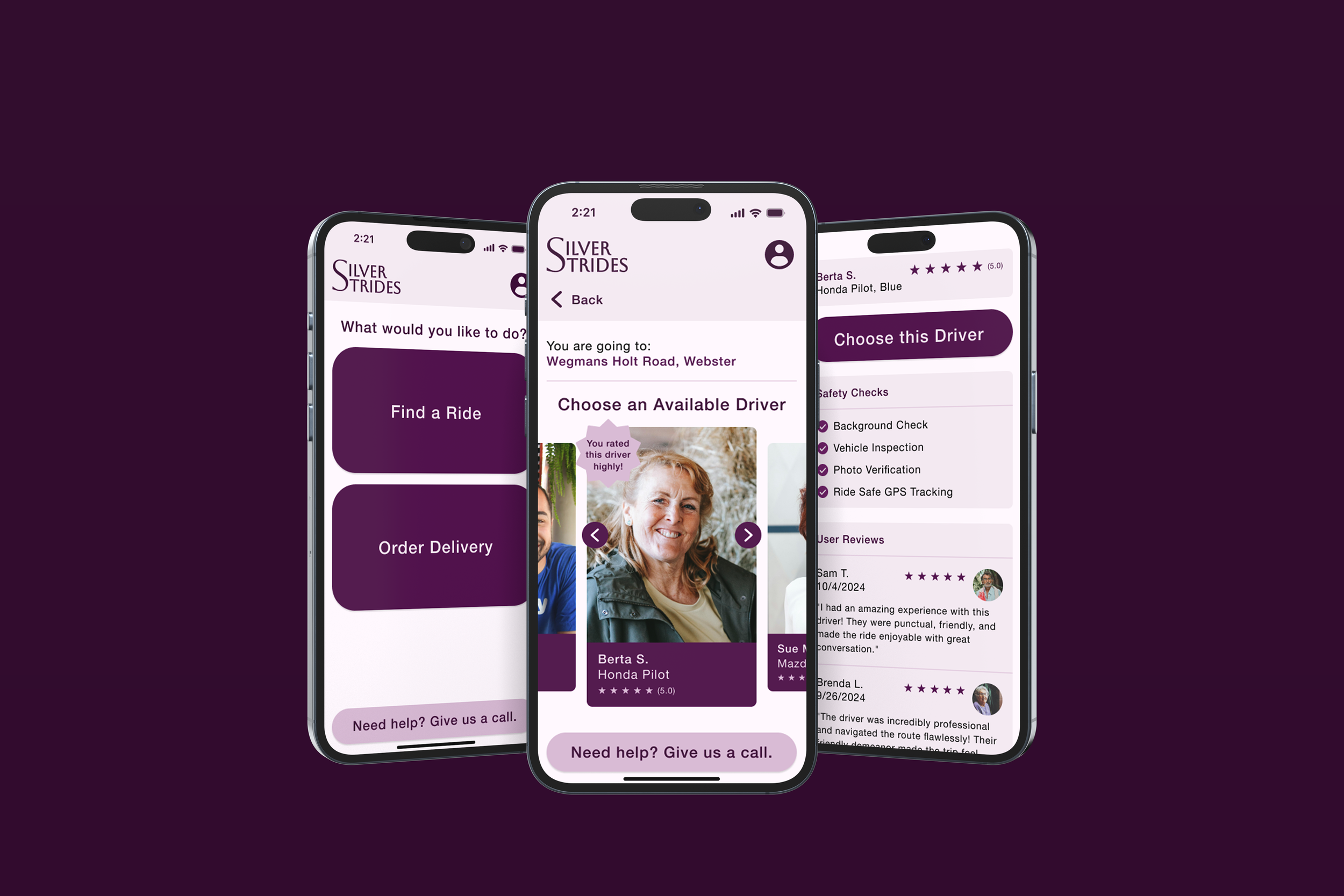3 iPhones displaying different screens from the Silver Strides application.