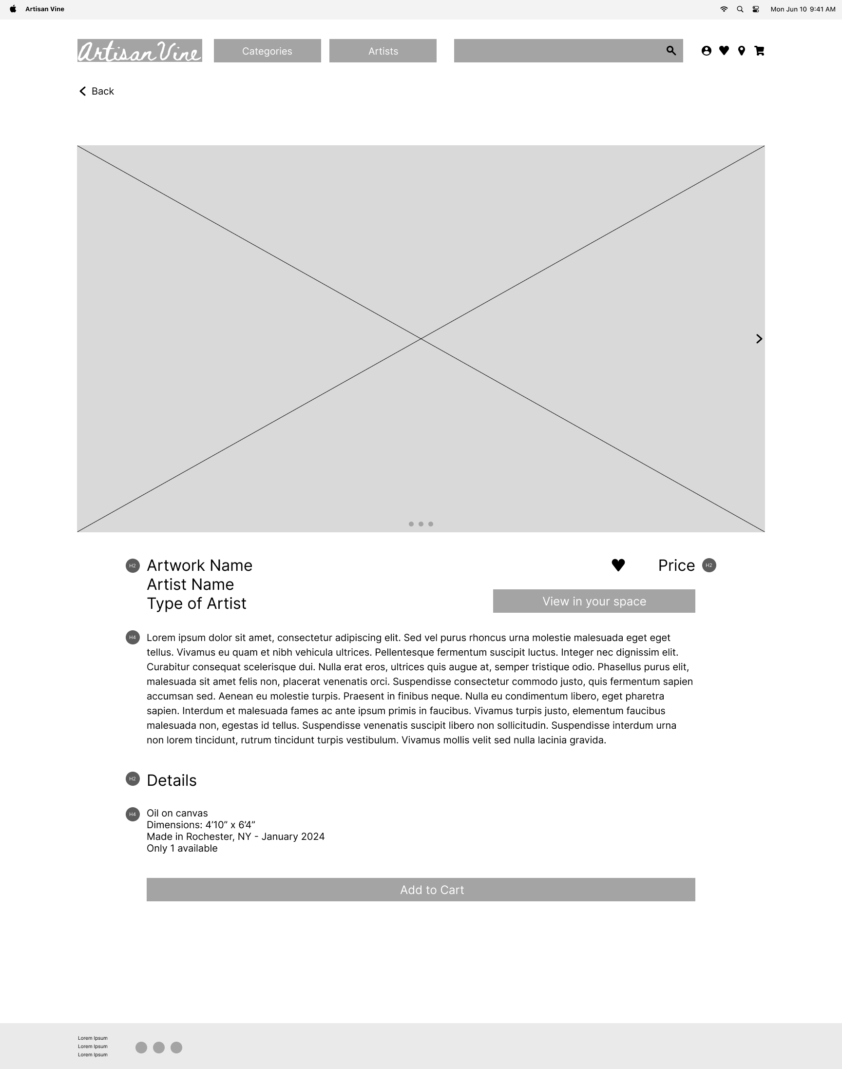 Digital wireframe of the artwork details screen for mobile size.