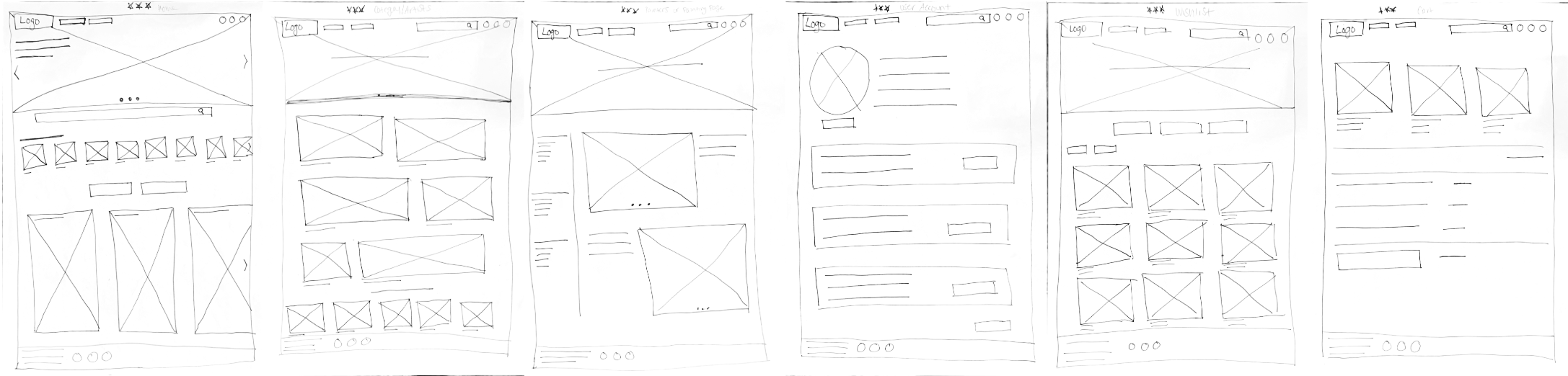 Paper wireframes for web app screens.