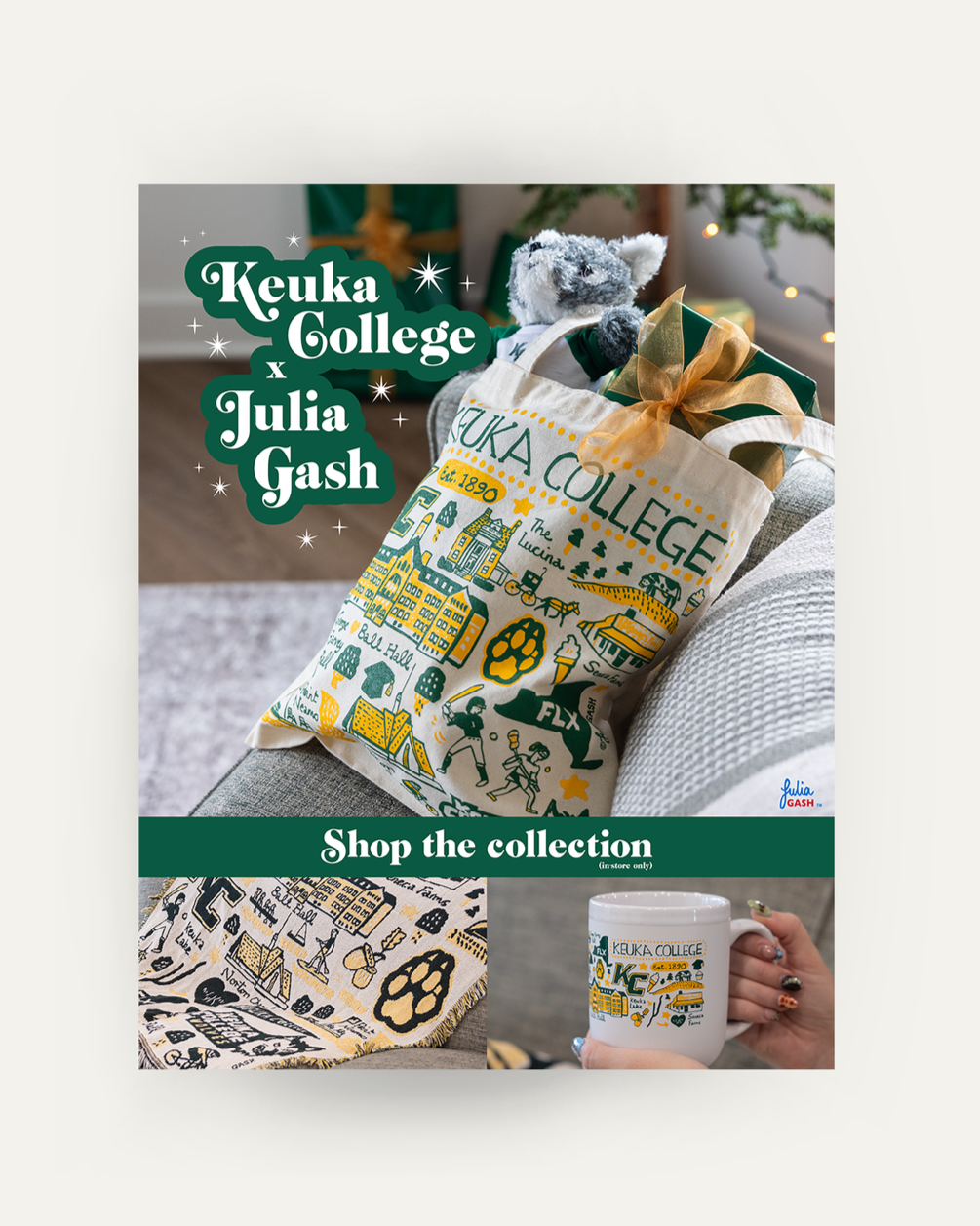 Poster advertising the Julia Gash collab with Keuka College, highlighting a tote bag, blanket, and mug.