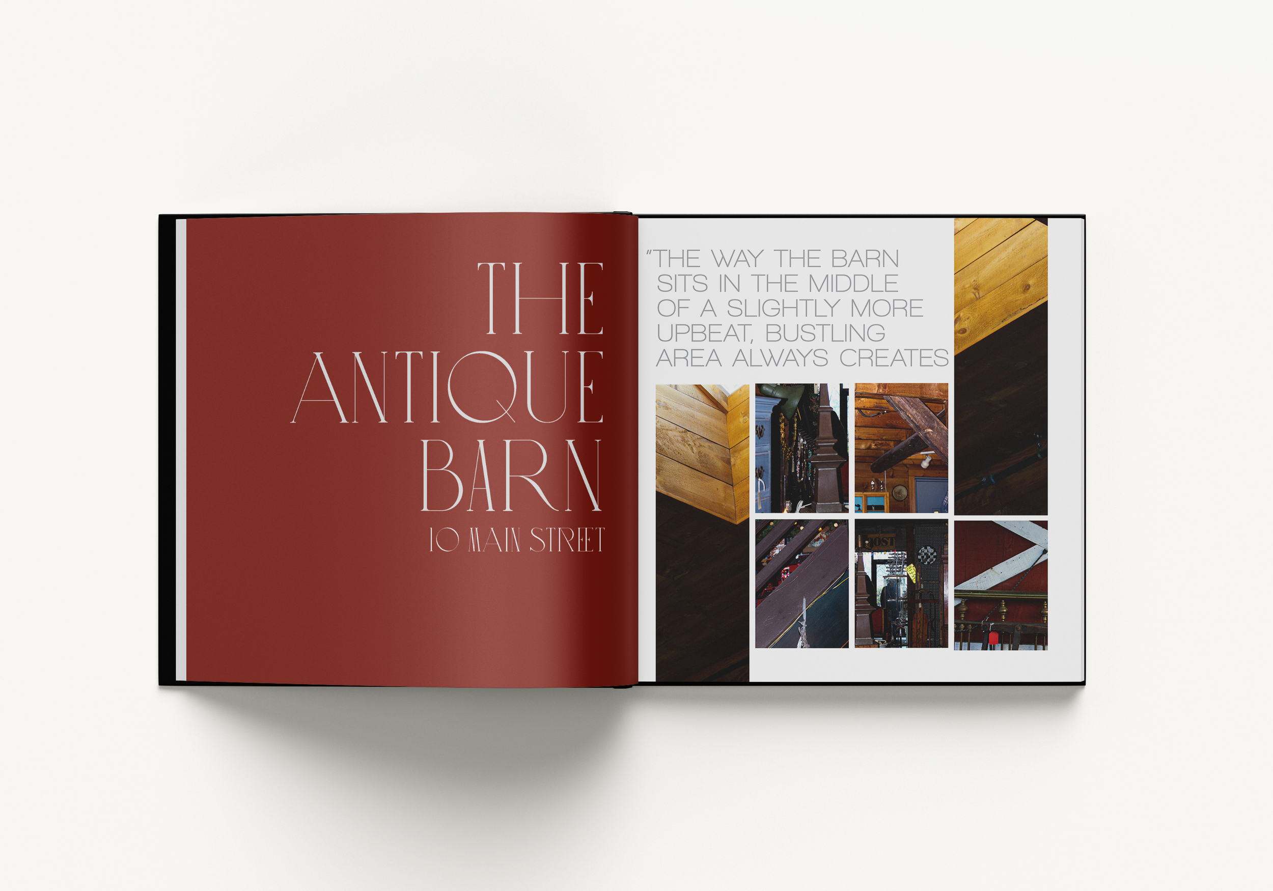 Page spread with the title "The Antique Barn" on the left page, and images with a quote on the left page.