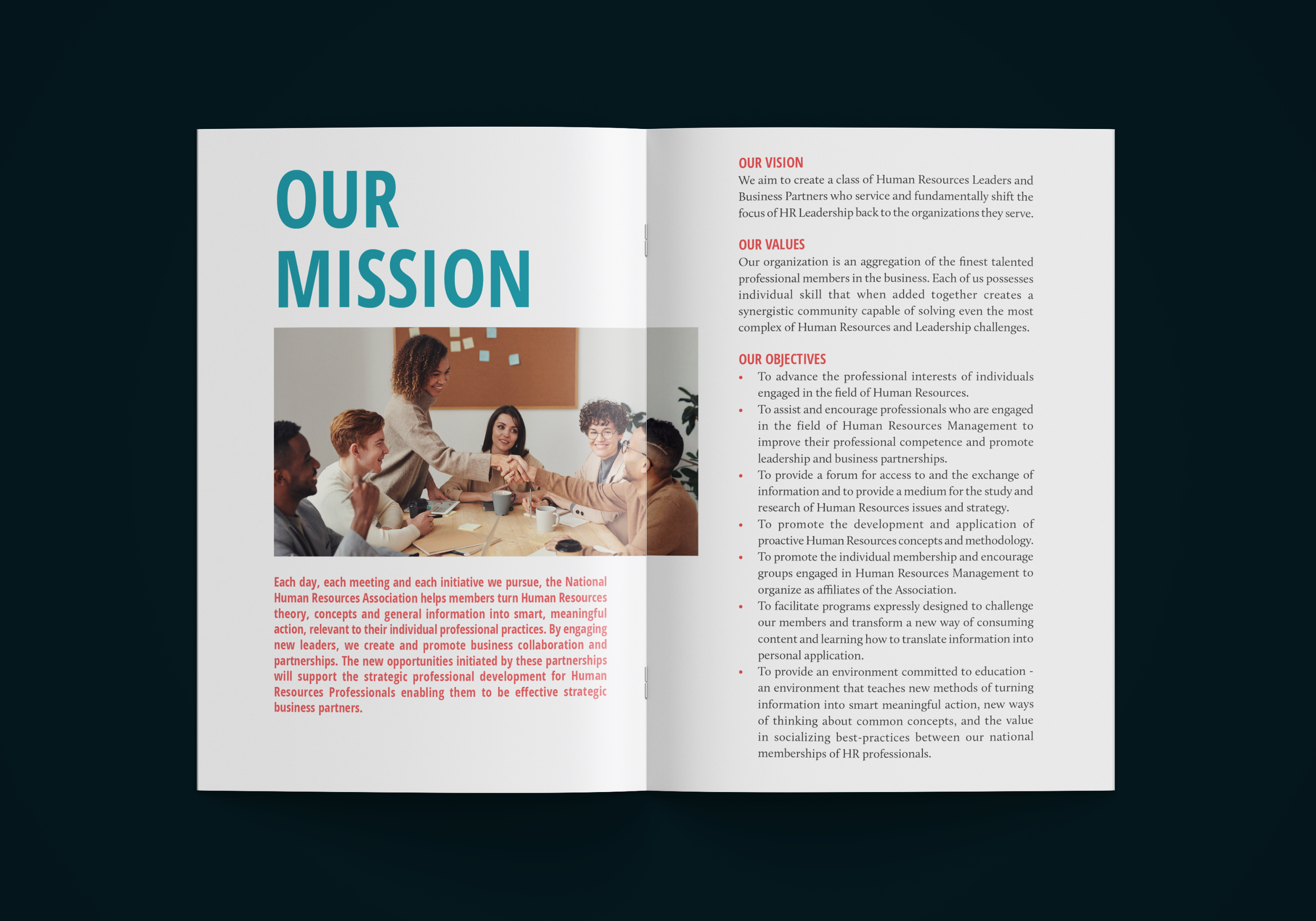 A booklet spread with the title, "Our Mission", a picture, and a paragraph on the left page, and bullet points of information on the right page.