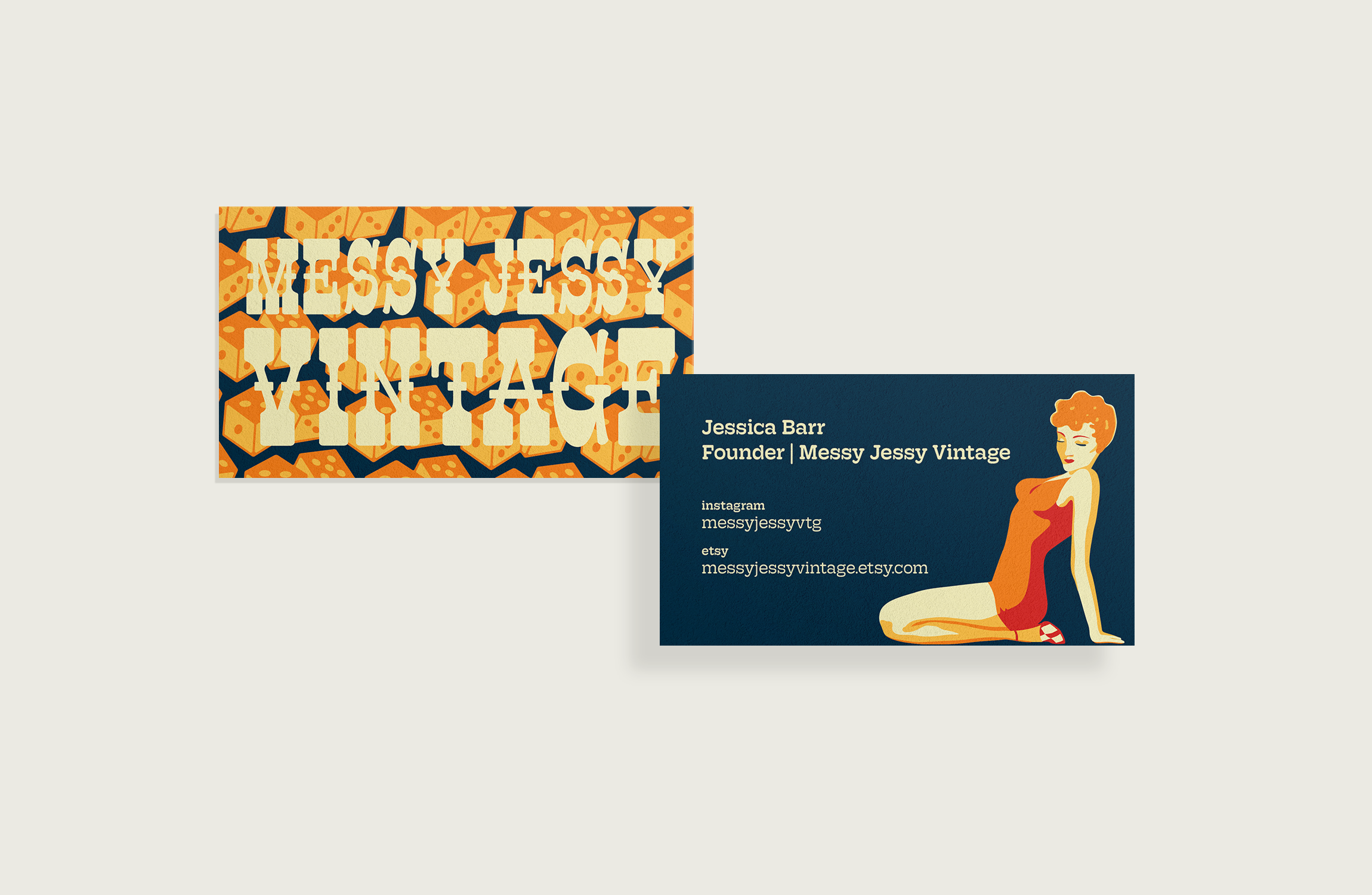 Messy Jessy Vintage rebrand business card. The front has a supporting element illustration of a pinup girl, instagram handle and etsy site. The back shows the wordmark and supporting element dice pattern.
