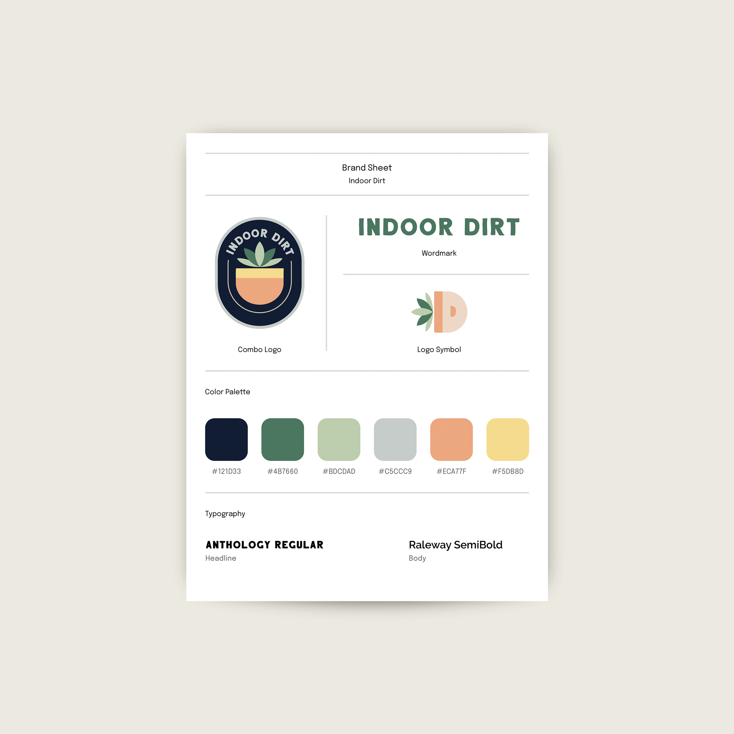 A brand sheet for Indoor Dirt. It displays the combo logo, logo symbol, wordmark, color palette, and typography.