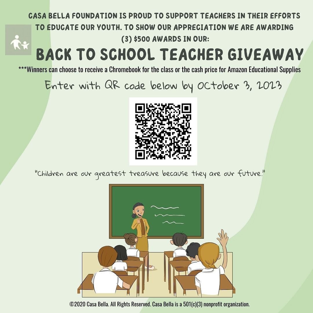 🍎 Calling all teachers! 📚 Enter our Back to School Giveaway for a chance to win big: $500 for your classroom or a Chromebook for your students. Casa Bella Foundation is here to support you! 🏫💻 #TeacherGiveaway #CasaBellaGivesBack