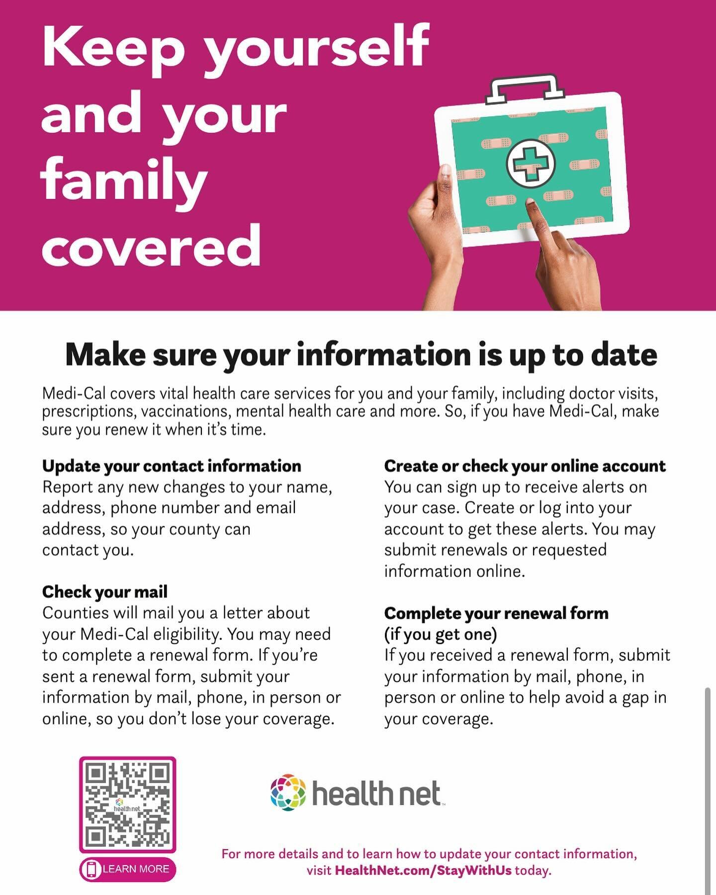 Your health matters, and so does your coverage. When it's time to renew, don't forget to reenroll in HealthNet and continue receiving the medical benefits that keep you and your loved ones protected and healthy. 🩺

Tu salud es importante, al igual q