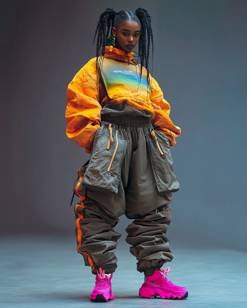 The jackets and trousers in this collection are not only visually striking but also highly functional, serving as shelter and warmth during cold nights and doubling as sleeping bags. 

By Soo.na

#aifashionweek #CreativeAI #sports #indigenousfashion 