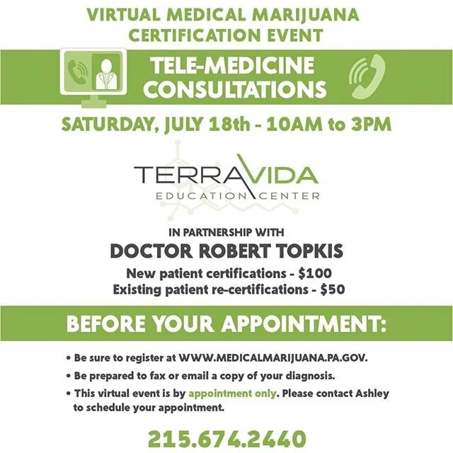 Is your card expiring or do you want to join the PA MMJ program? Good news - on July 18th we are hosting another VIRTUAL certification event! Call the number on the image to schedule your appointment!
#pammj #cannabis #cannabiseducation #mmj #pennsylvaniacannabis #mmjpatients