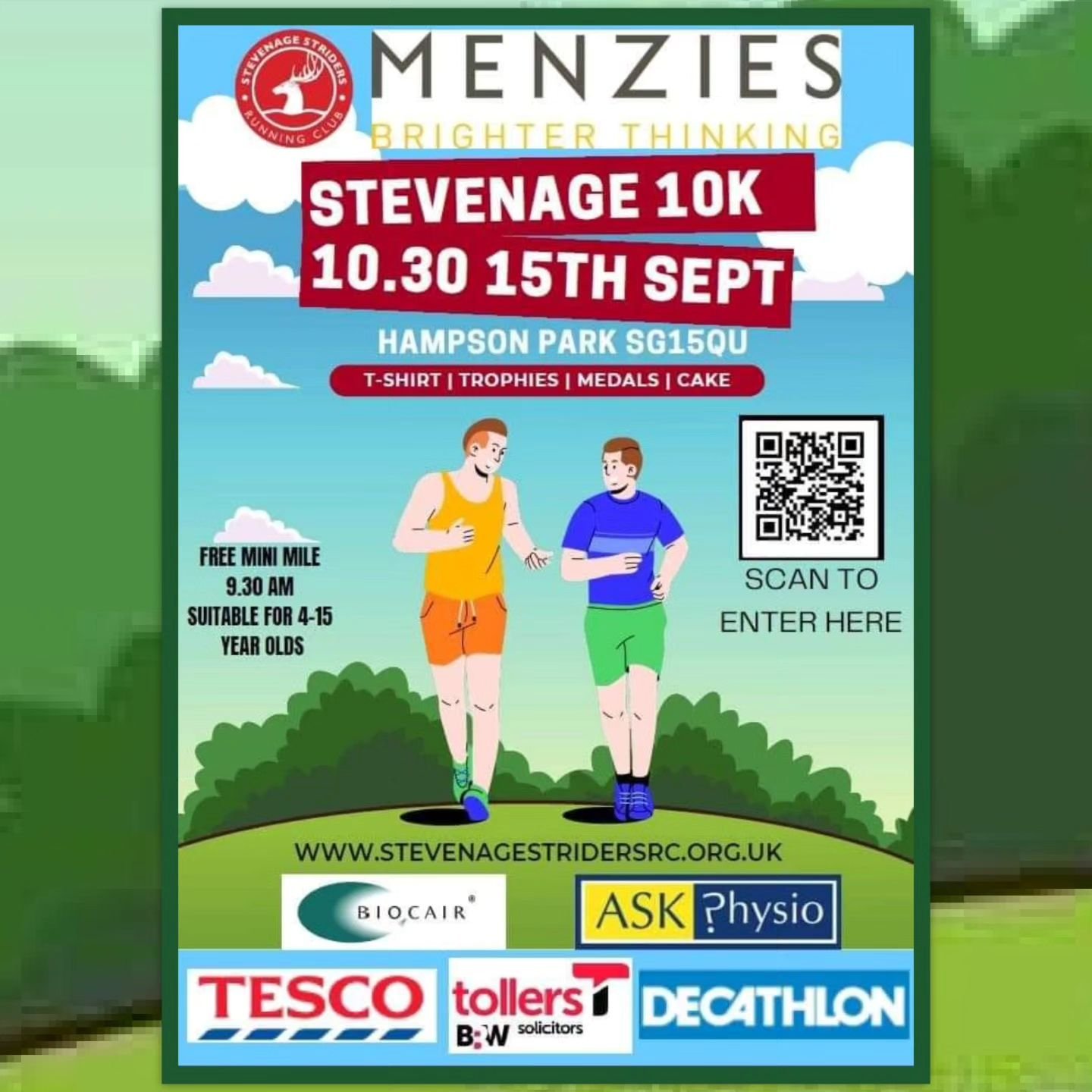 Everything is coming together now. All sponsors on board, charities in place and now the race poster is complete. 

Please feel free to share this wide and far and either scan the QR code or visit www.stevenagestridersrc.org.uk/stevenage-10k (link in