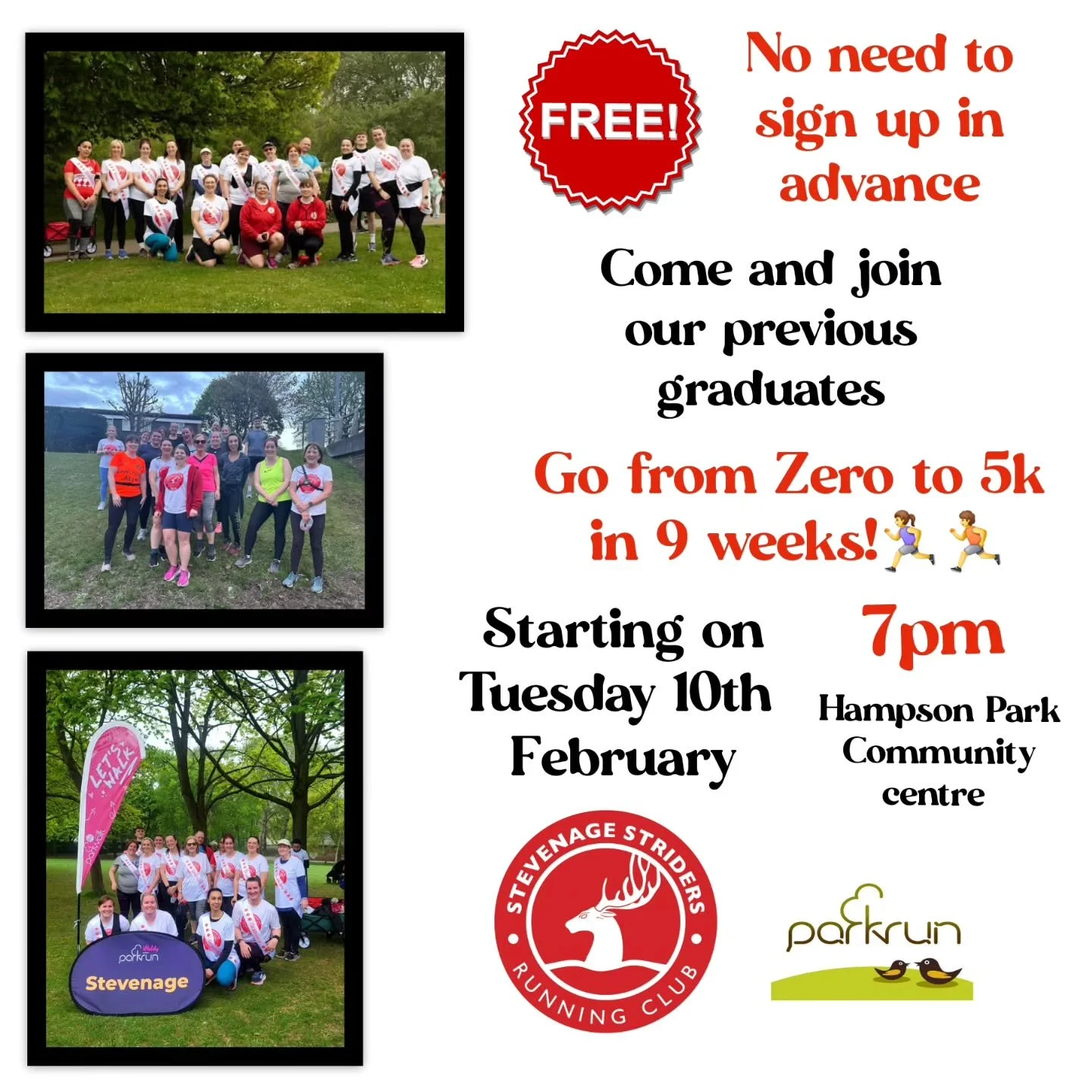 Great news! 🎉📣 

Our next series of Zero to 5K training courses starts in 5 weeks. A session a week for 9 weeks, and we will get you ready to complete a 5k run nonstop. 

Suitable for beginners, non-runners and runners returning from injury or a br