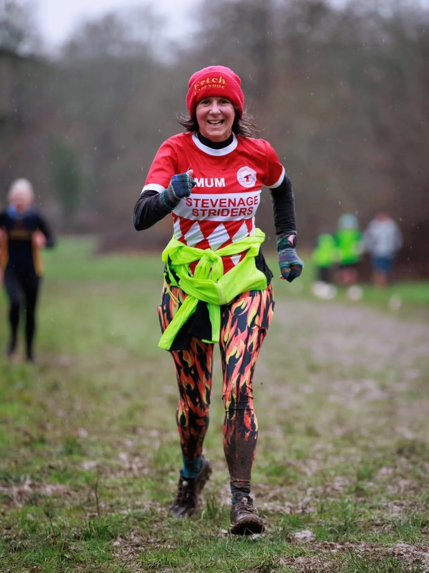 For those of you who don't know, this is Helen a.k.a. 'Mum' at Cross country today (great photo Gary!) 

On most Friday mornings she takes us on great trail run fun, which is perfect training for cross country and midweek league. With all this rain t