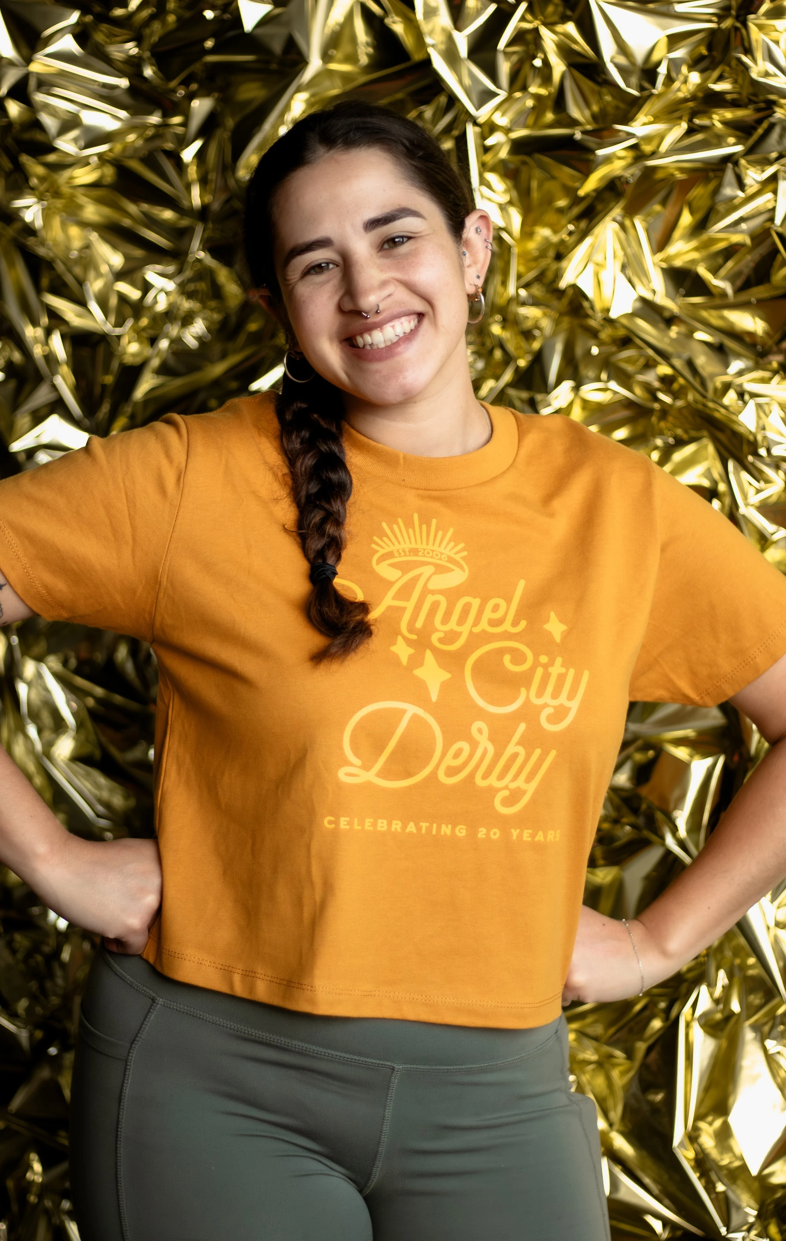 20 Year Logo - Boxy Crop Top in Mustard/Gold