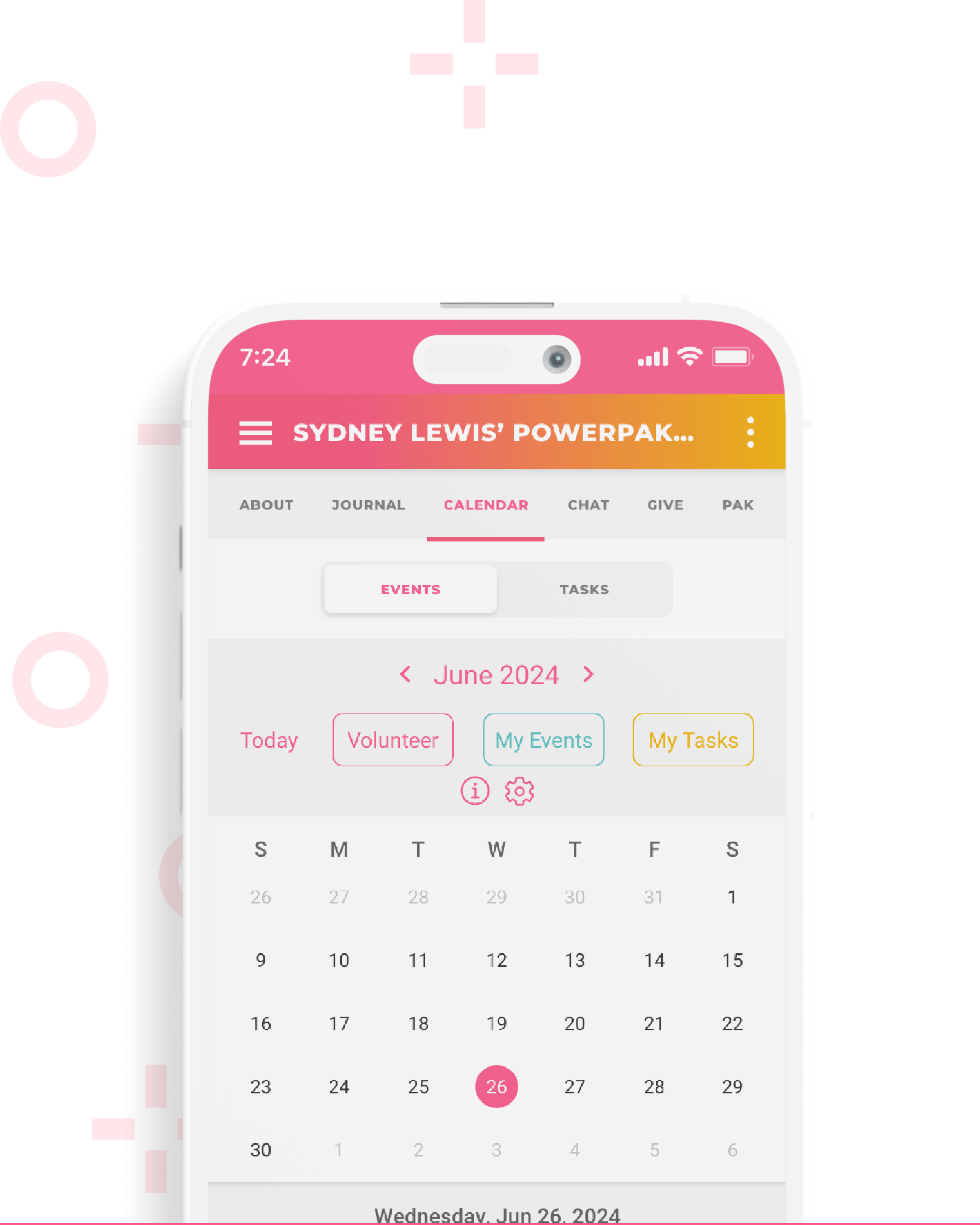 Phone screen showing the calendar feature in the My PowerPak app with the date selector and agenda cards visible