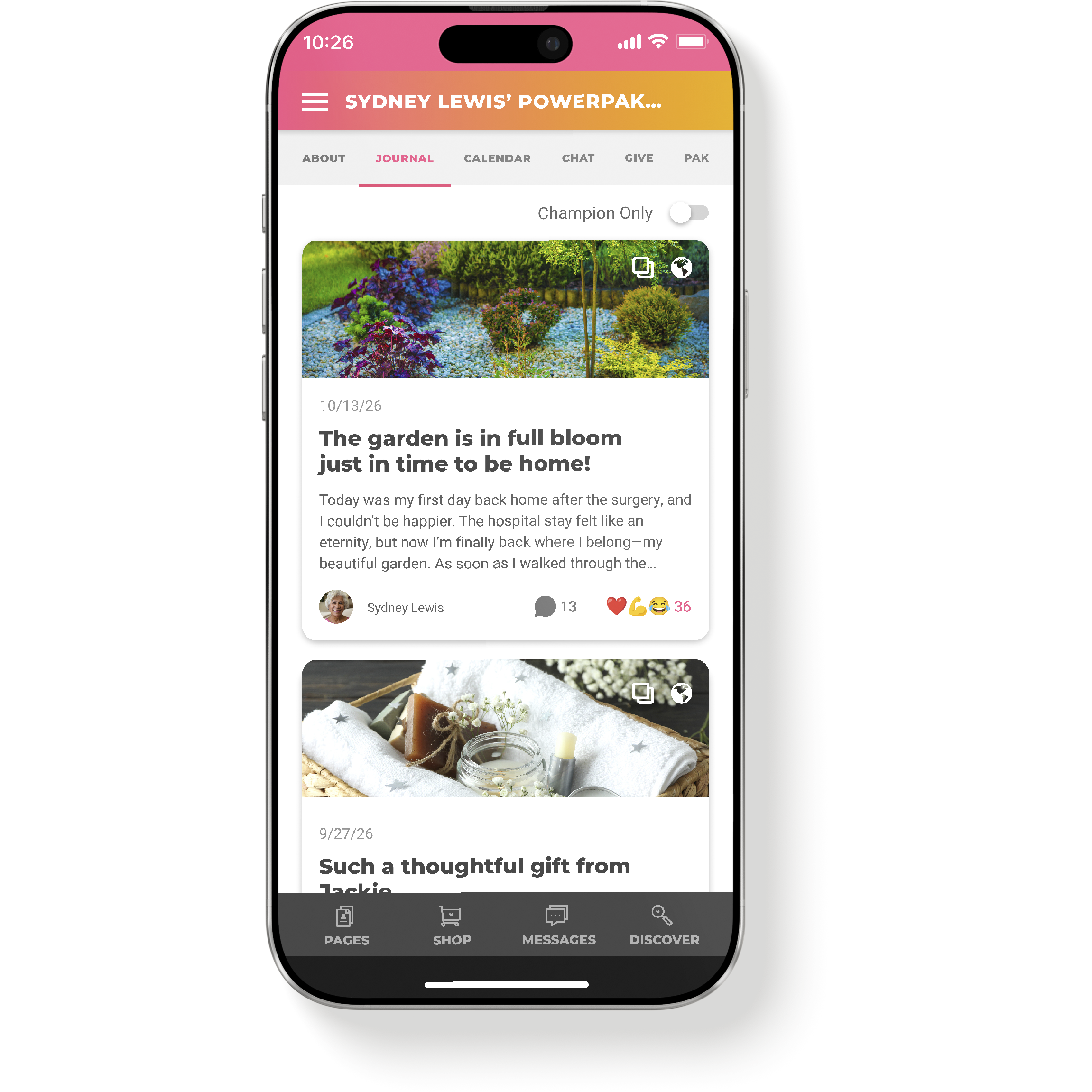 My PowerPak Journal tab on mobile showing journal entry cards with cover images, titles, comment counts, and reactions.