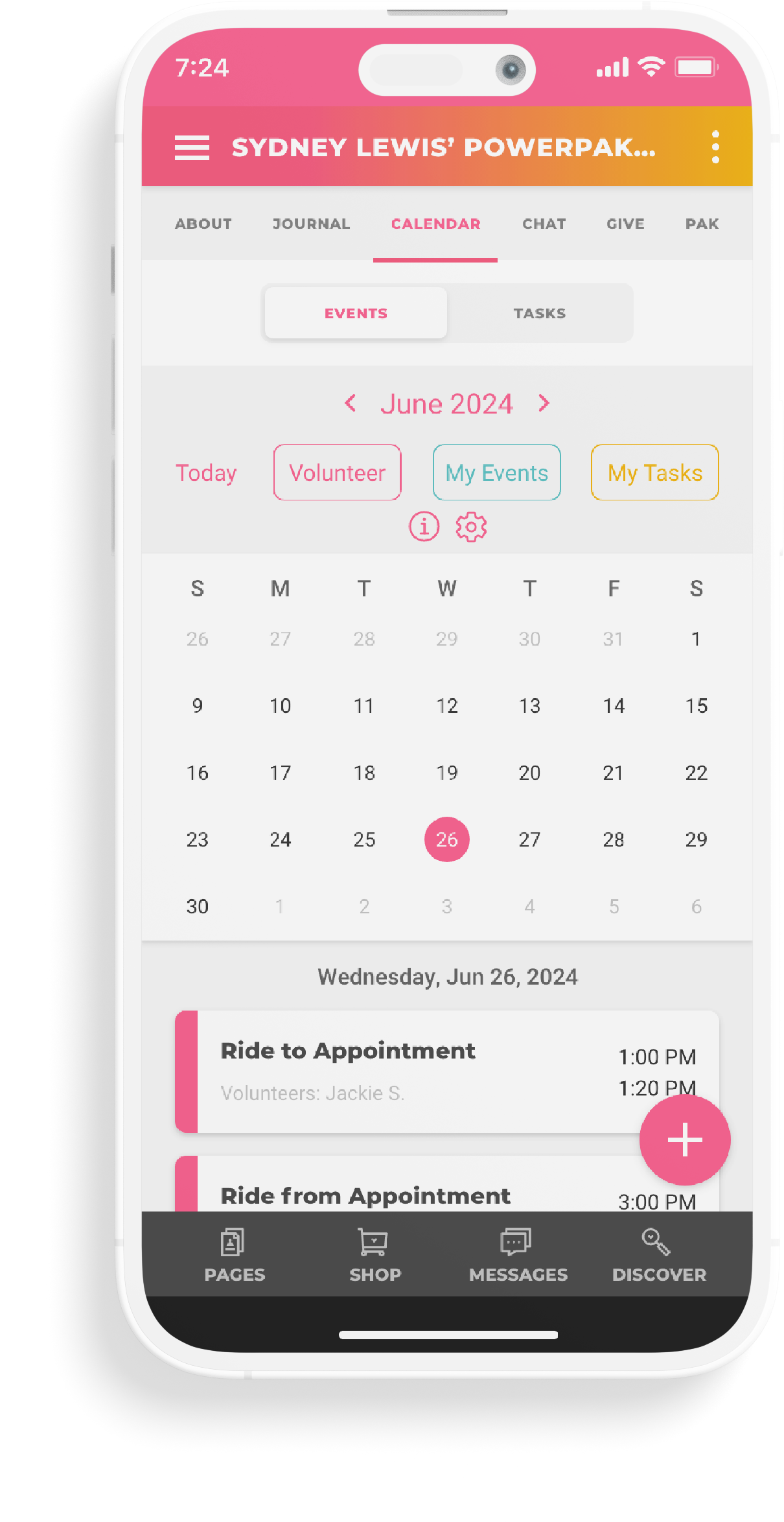 Phone screen showing the calendar feature in the My PowerPak app with the date selector and agenda cards visible