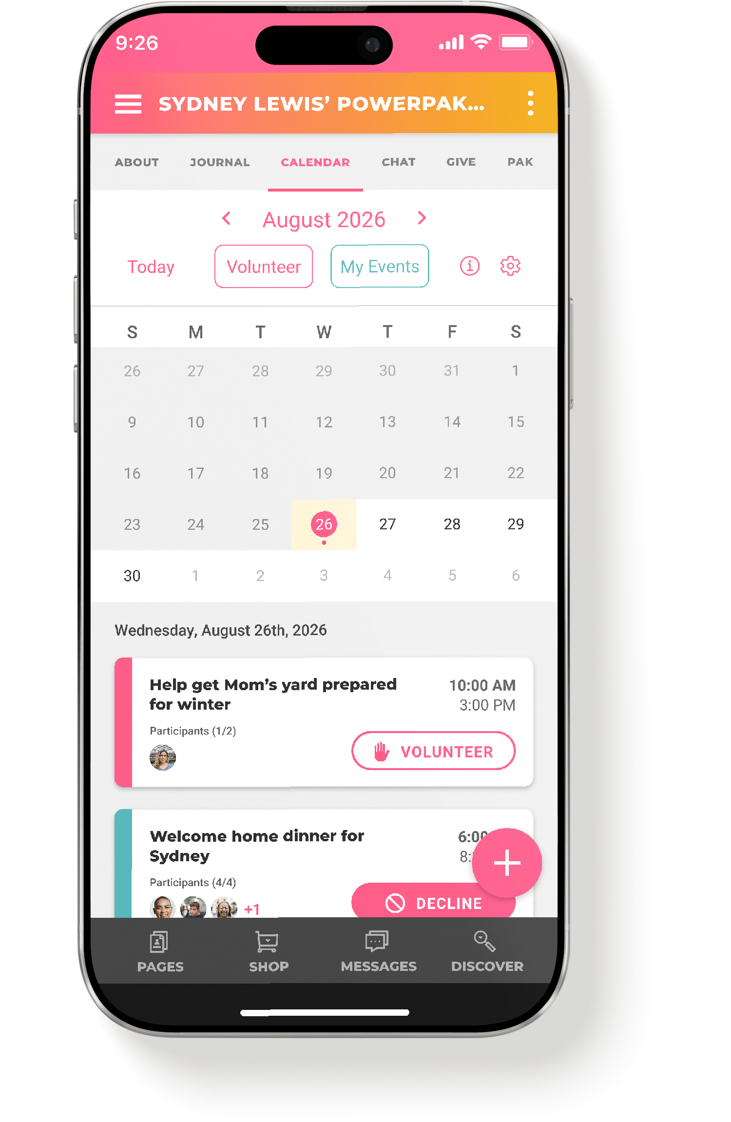 My PowerPak calendar overview screen on mobile showing the mini-calendar, filter controls, and agenda view.
