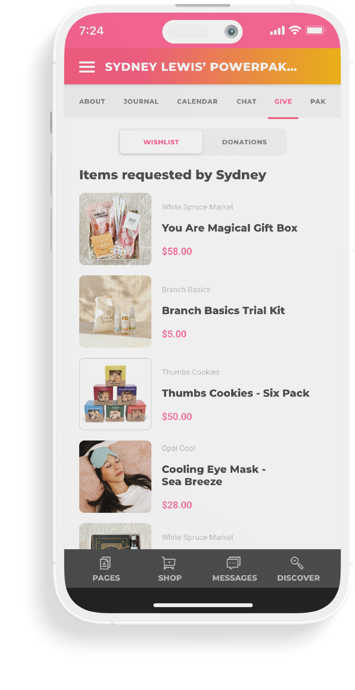 Phone screen showing the wishlist feature in the My PowerPak app with curated gift items visible