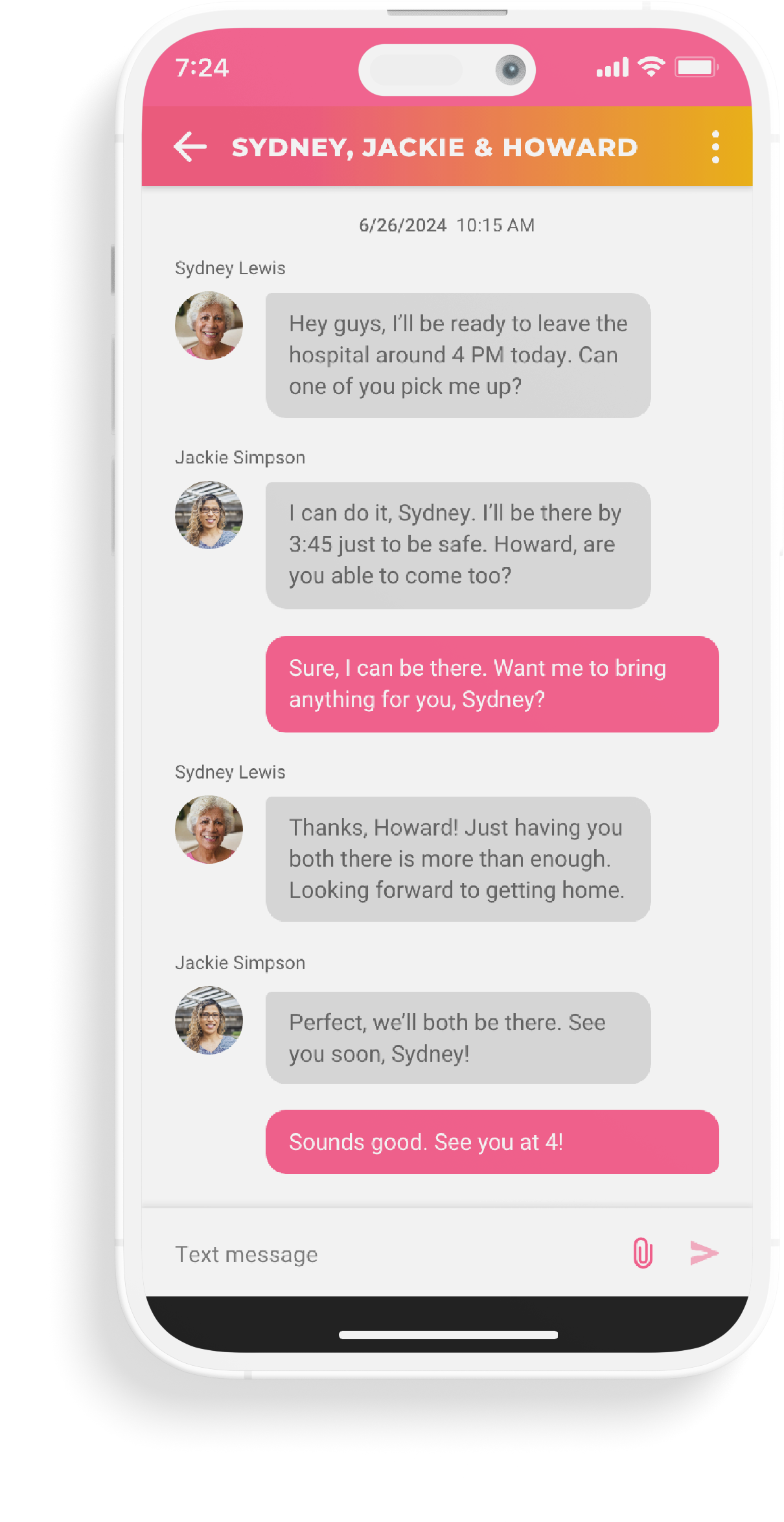 Phone screen showing the messenger feature in the My PowerPak app with a group conversation visible
