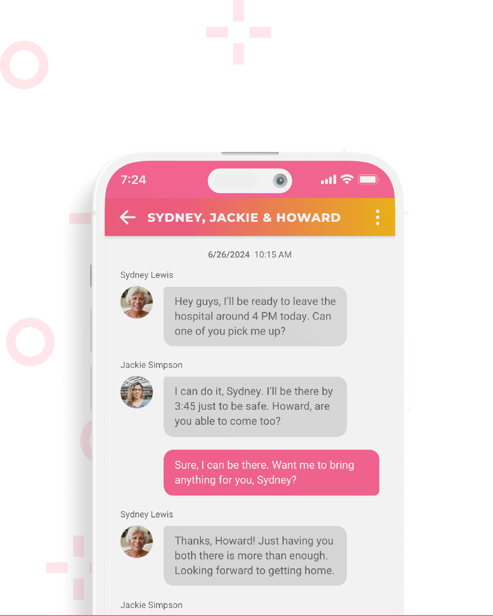Phone screen showing the messenger feature in the My PowerPak app with a group conversation visible