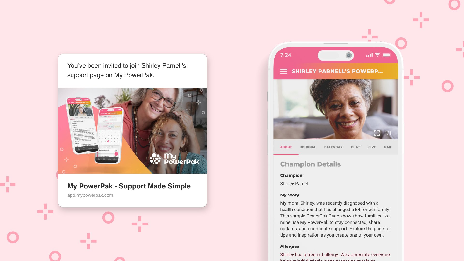 My PowerPak app displaying an invite to join a PowerPak Page and a sample support page profile on mobile.