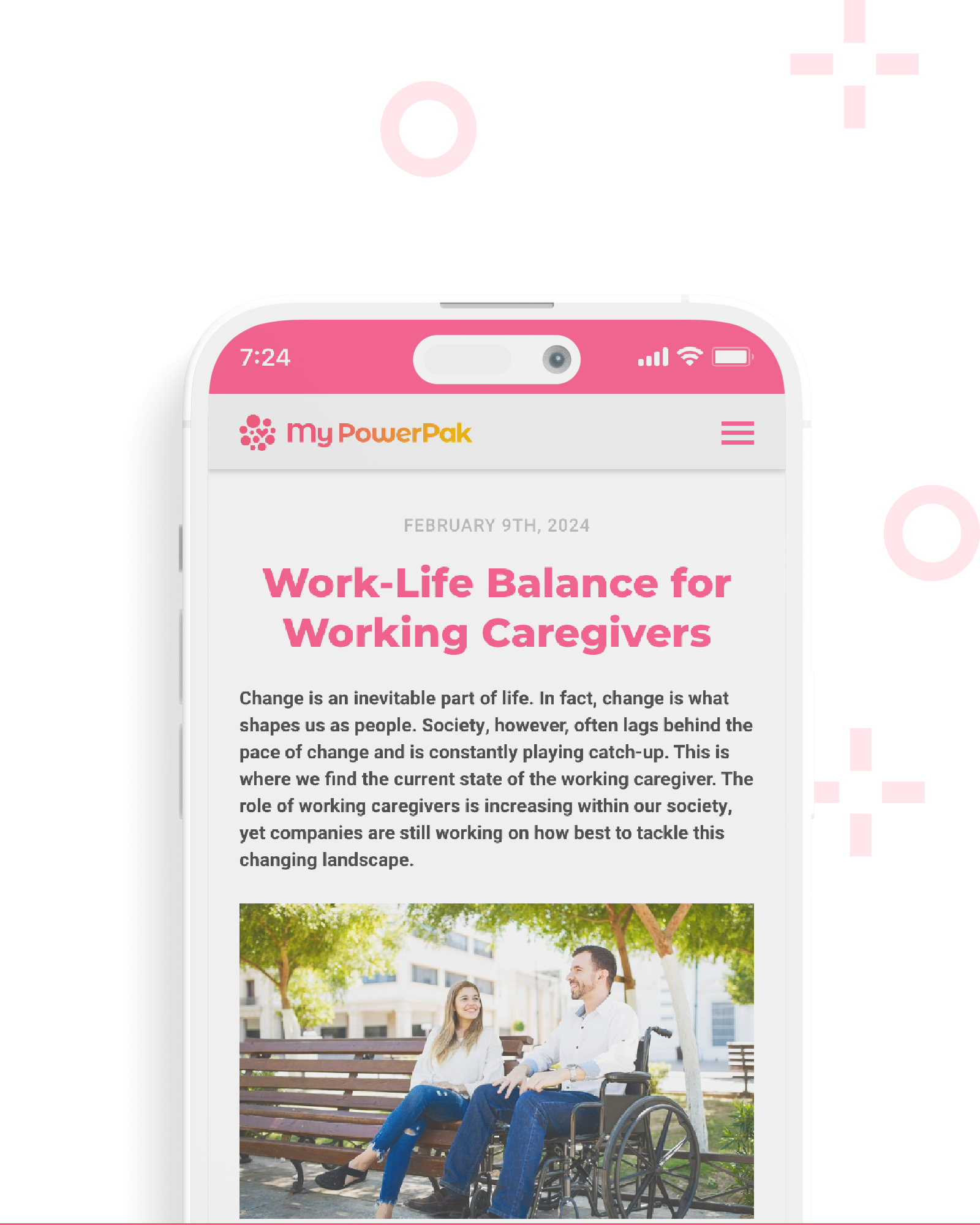 Phone screen showing the Discover feature in the My PowerPak app with caregiving articles and stories visible.