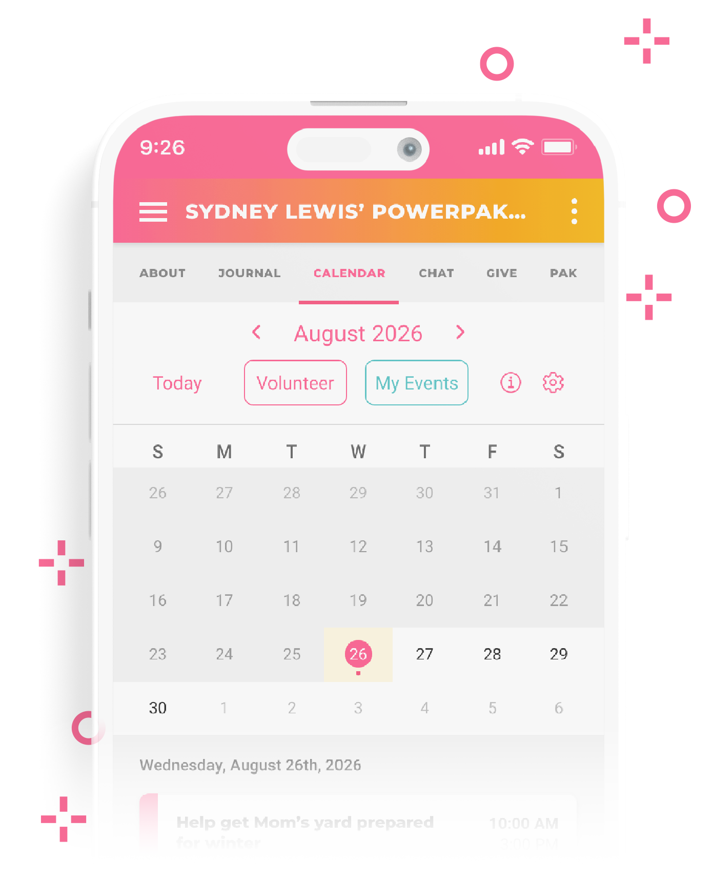 My PowerPak calendar overview screen on mobile showing the mini-calendar, filter controls, and agenda view.