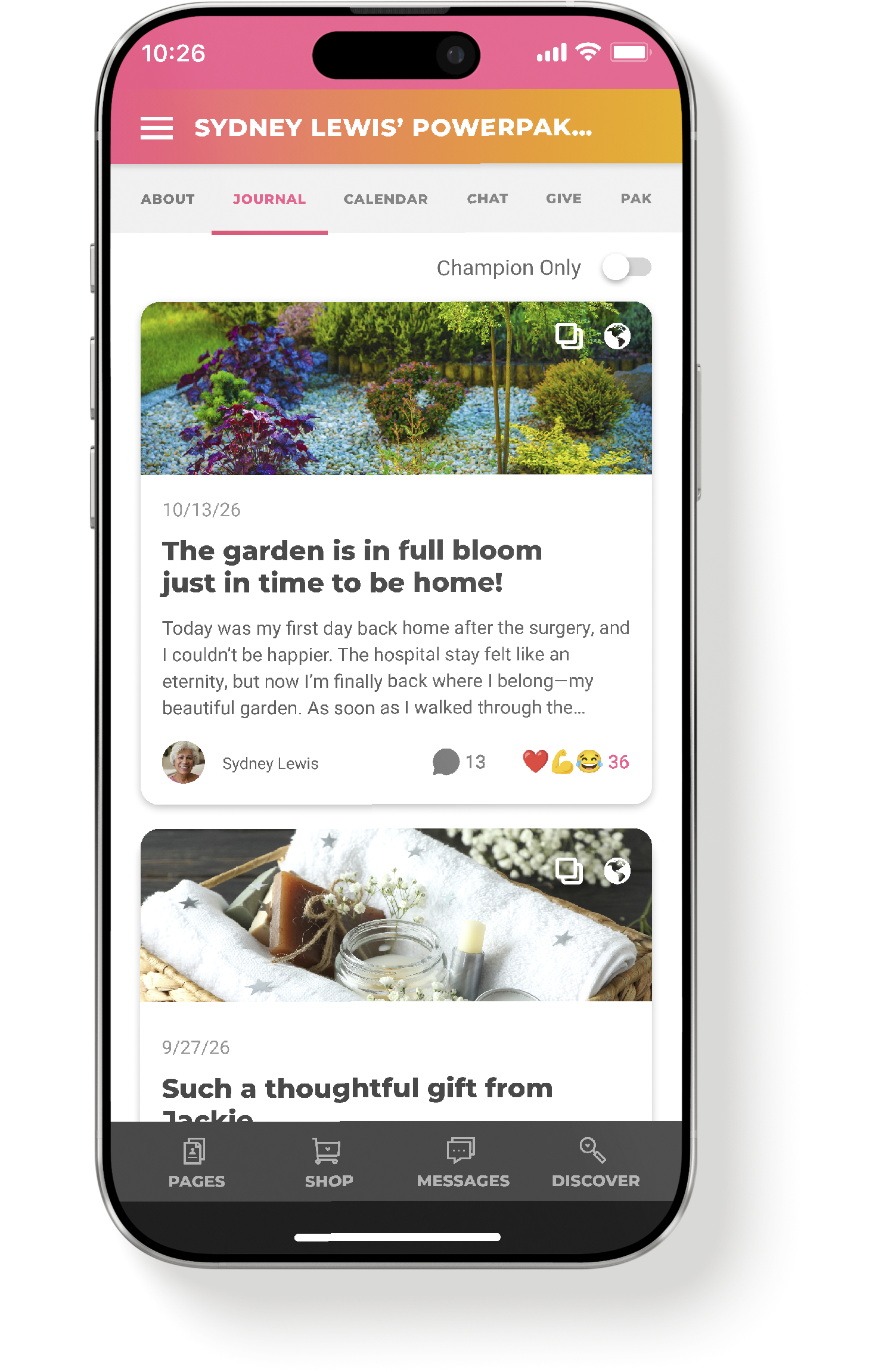 My PowerPak Journal tab on mobile showing journal entry cards with cover images, titles, comment counts, and reactions.