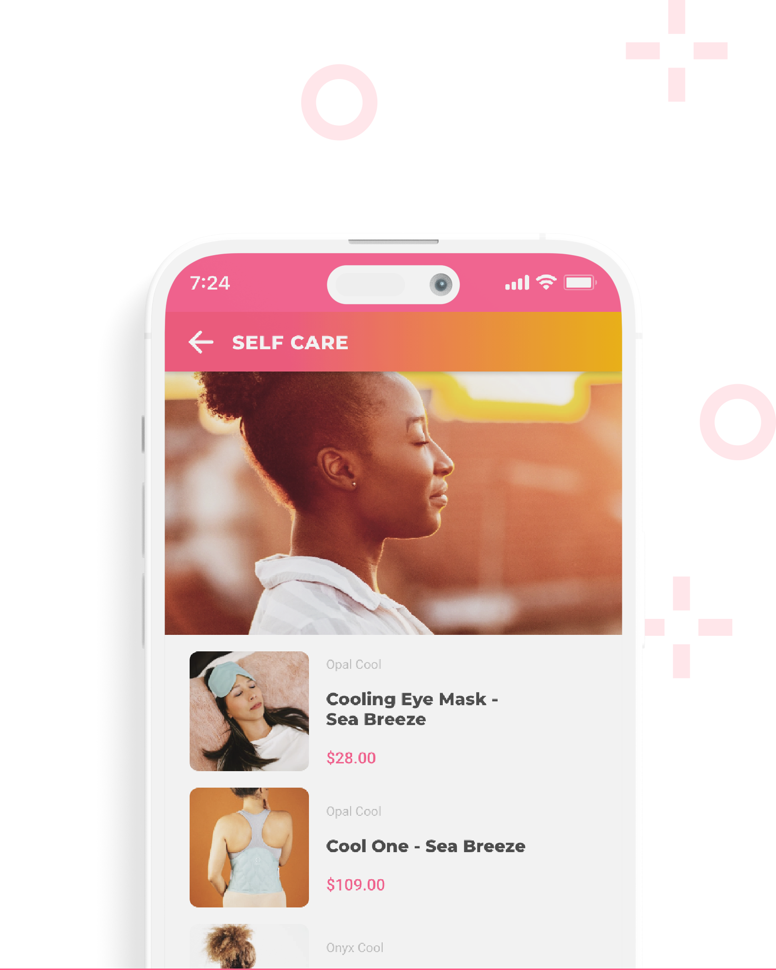 Phone screen showing the Marketplace feature in the My PowerPak app with products from the Self Care category visible.