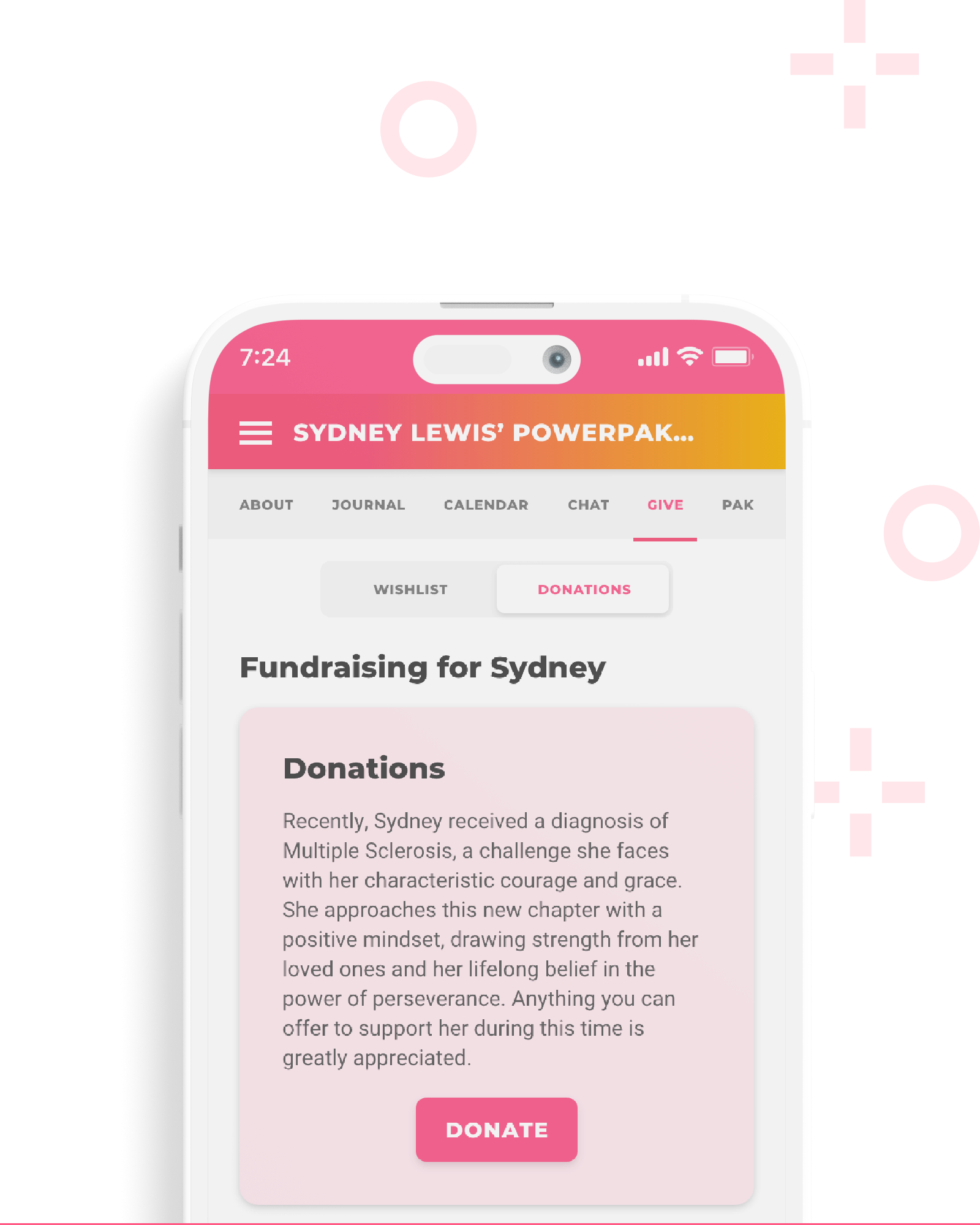 Phone screen showing the fundraising feature in the My PowerPak app with the Champion’s fundraising story visible.