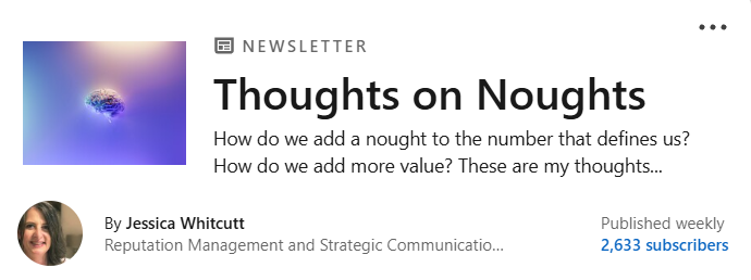 Newsletter titled 'Thoughts on Noughts' with a purple and blue abstract background, includes a photo of Jessica Whitcutt and mentions 2,633 subscribers.