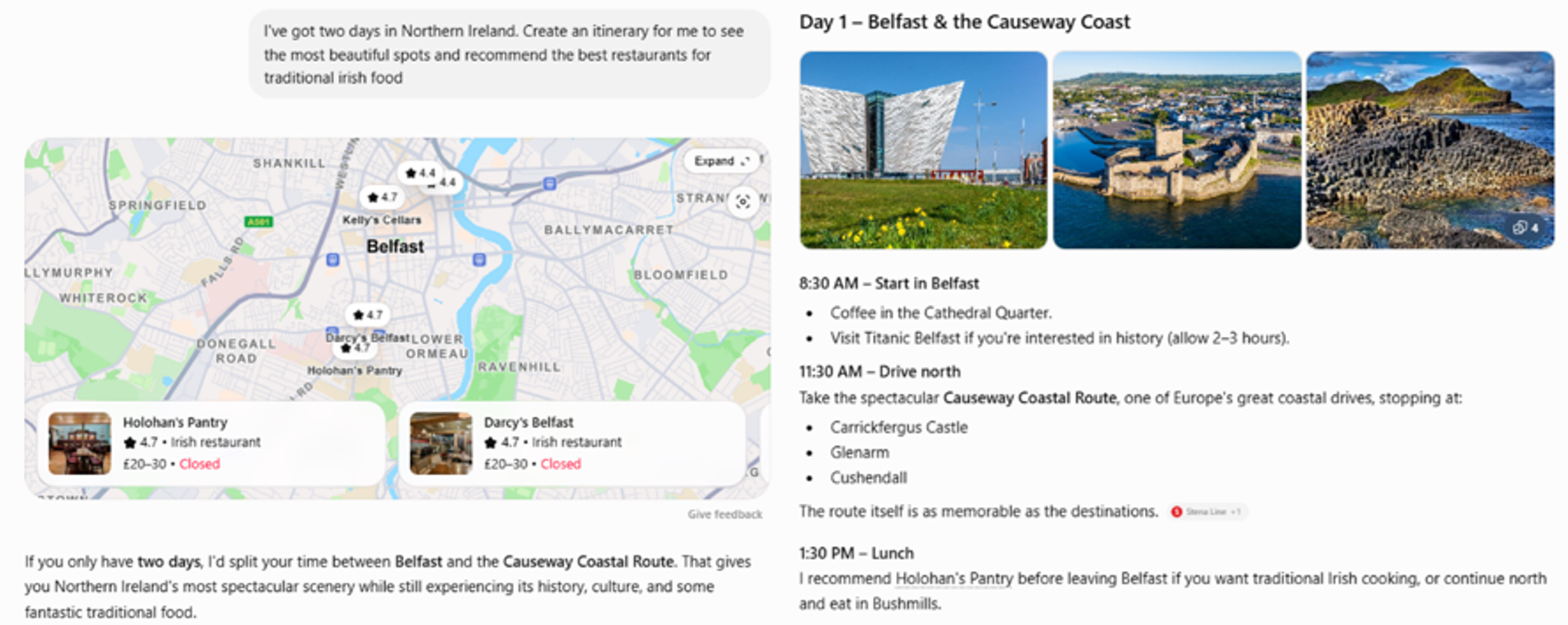 An AI assistant answer recommending places to visit, with named businesses'