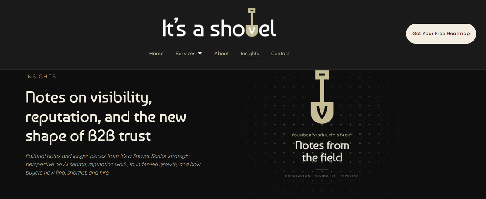 Website homepage titled "It's a Shovel" with a logo of a shovel and text "Notes from the field" under a graphic labeled "Founder Visibility Stack".