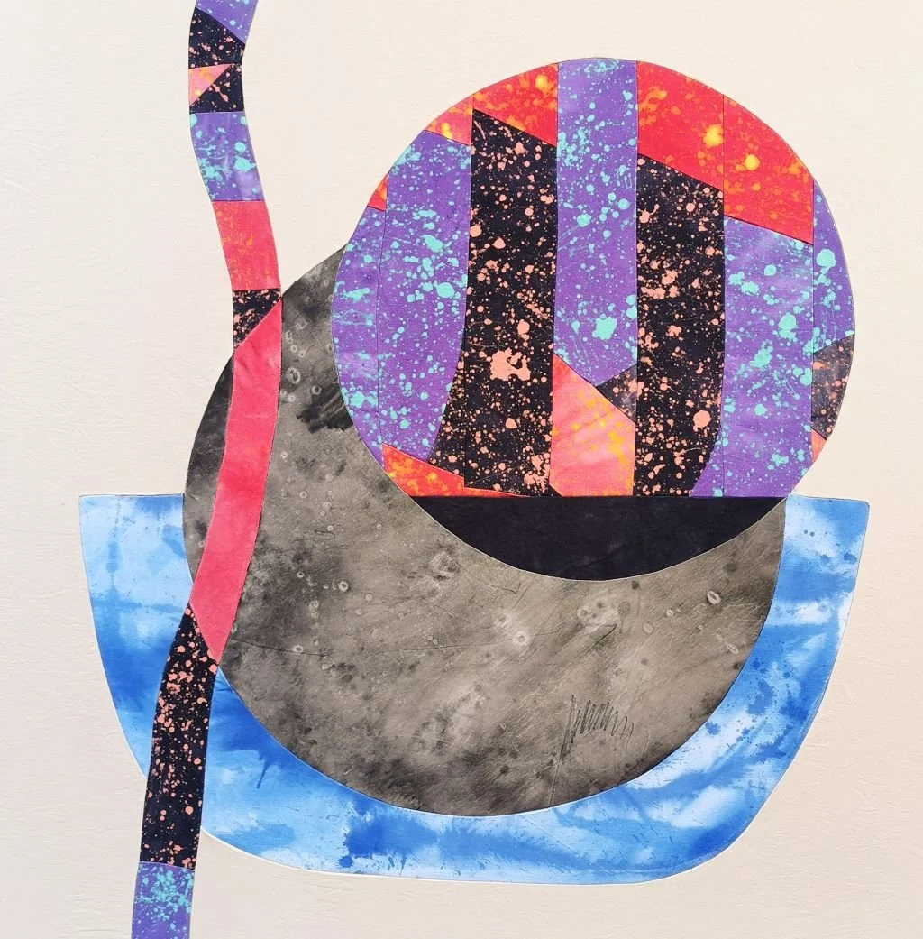   Home Abroad, &nbsp;Sewn canvas collage: canvas, cotton thread, graphite, acrylic, fabric dye ,  48×48 inches, 2023 