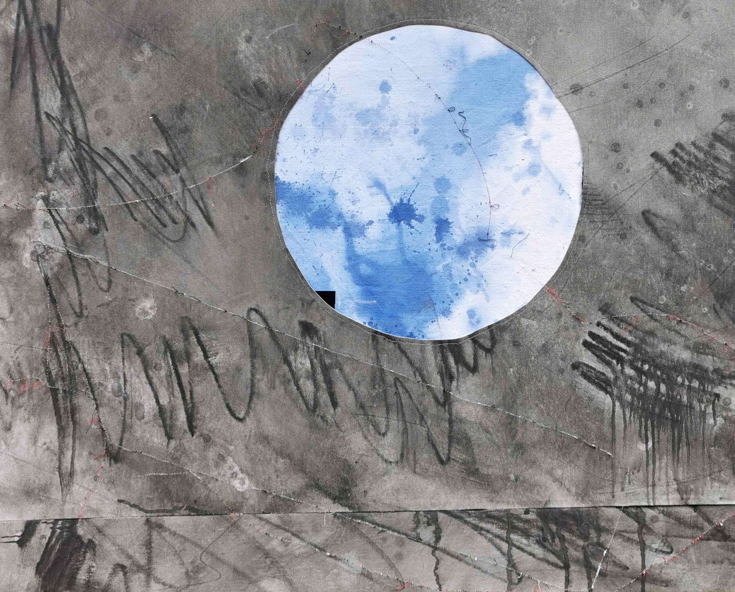   Celestial Navigator , 2024, graphite, acrylic, sewn canvas collage 