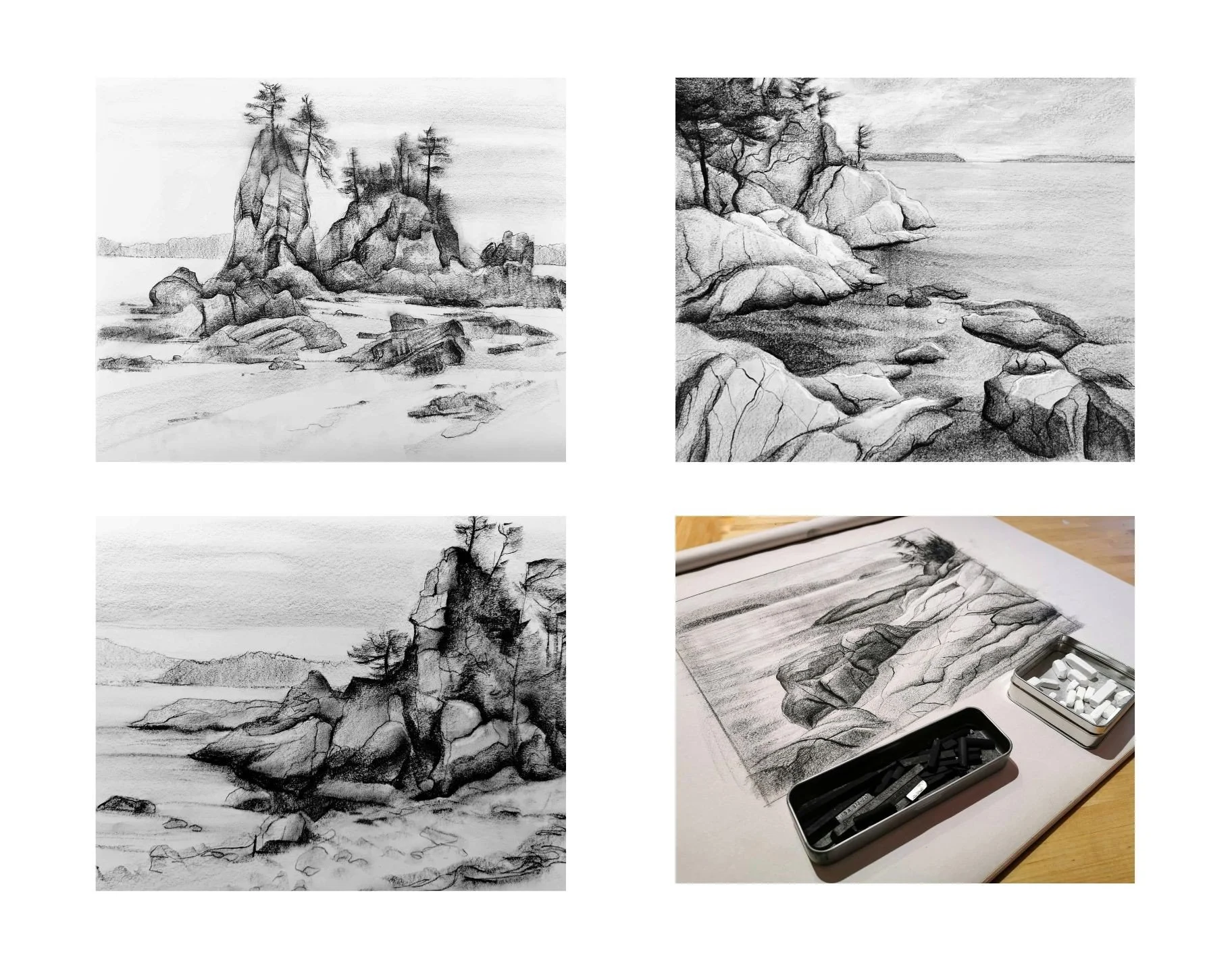   Coastal Sentinels , 2021, Charcoal and crayon sketches 