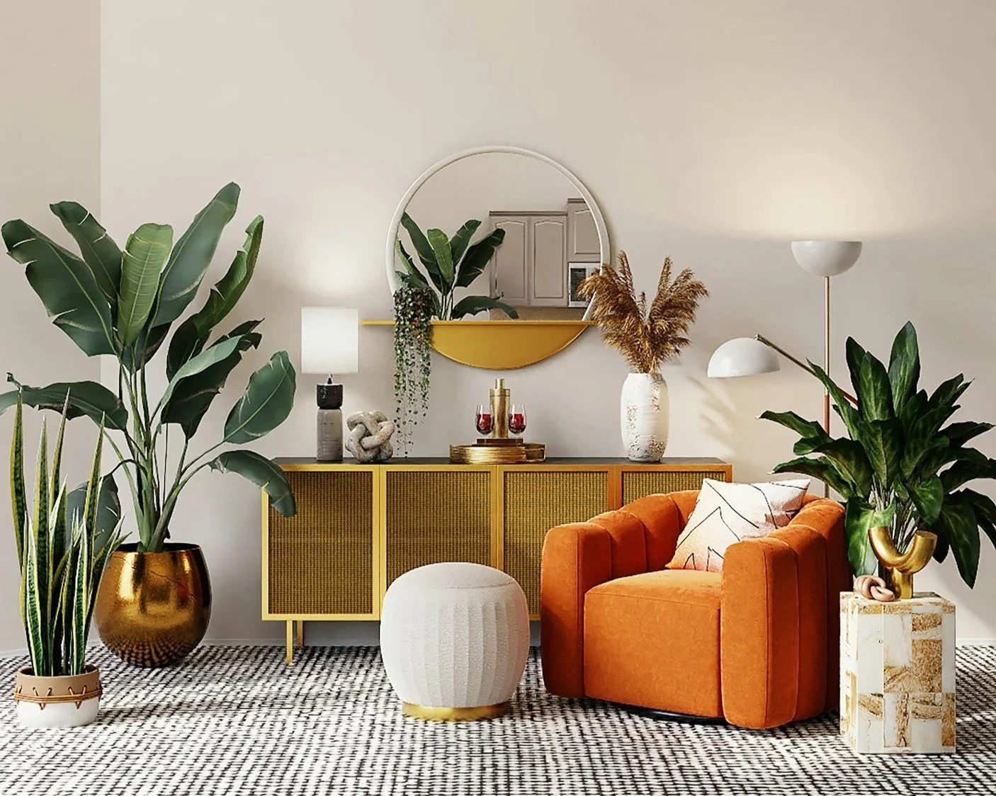 Living room with orange armchair, white ottoman, large green potted plants, a yellow cabinet, and decorative items including a mirror, lamps, and vases.