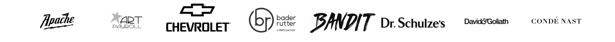 Black and white logo strip featuring various brand names and logos, including Apache, Art Dayroll, Chevrolet, Bader Rutter, Bandit, Dr. Schulze's, David Goliath, and Conde Nast.