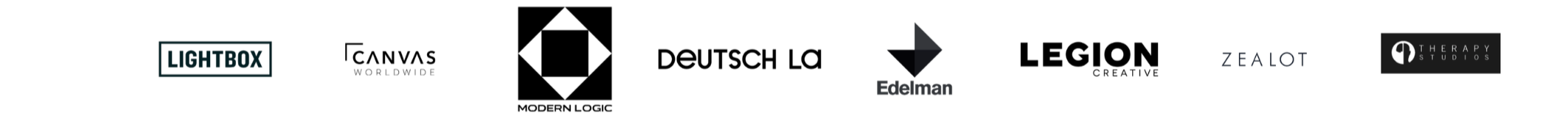 Collection of logos for various companies including Lightbox, Canvas Worldwide, Modern Logic, Deutsch LA, Edelman, Legion Creative, Zealot, and Therapy Studios.