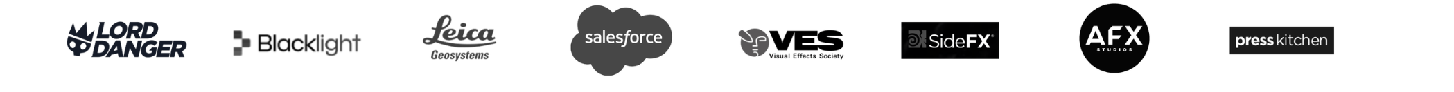Logos of various companies including Lord Danger, Blacklight, Leica Geosystems, Salesforce, VES Visual Effects Society, SideFX, AFX Studios, and Press Kitchen arranged in a row.