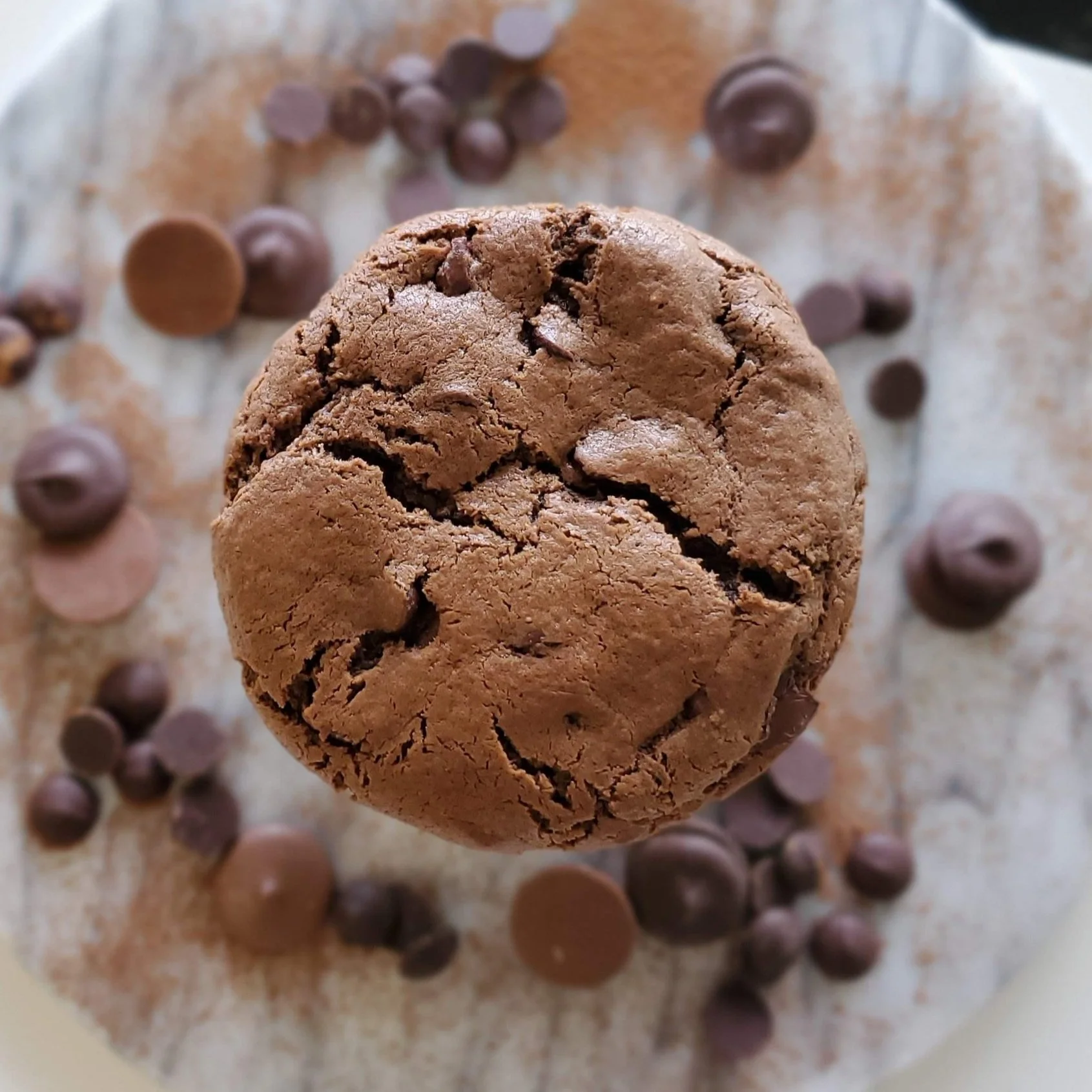 double chocolate cookie with chocolate chips and cocoa powder on marble background